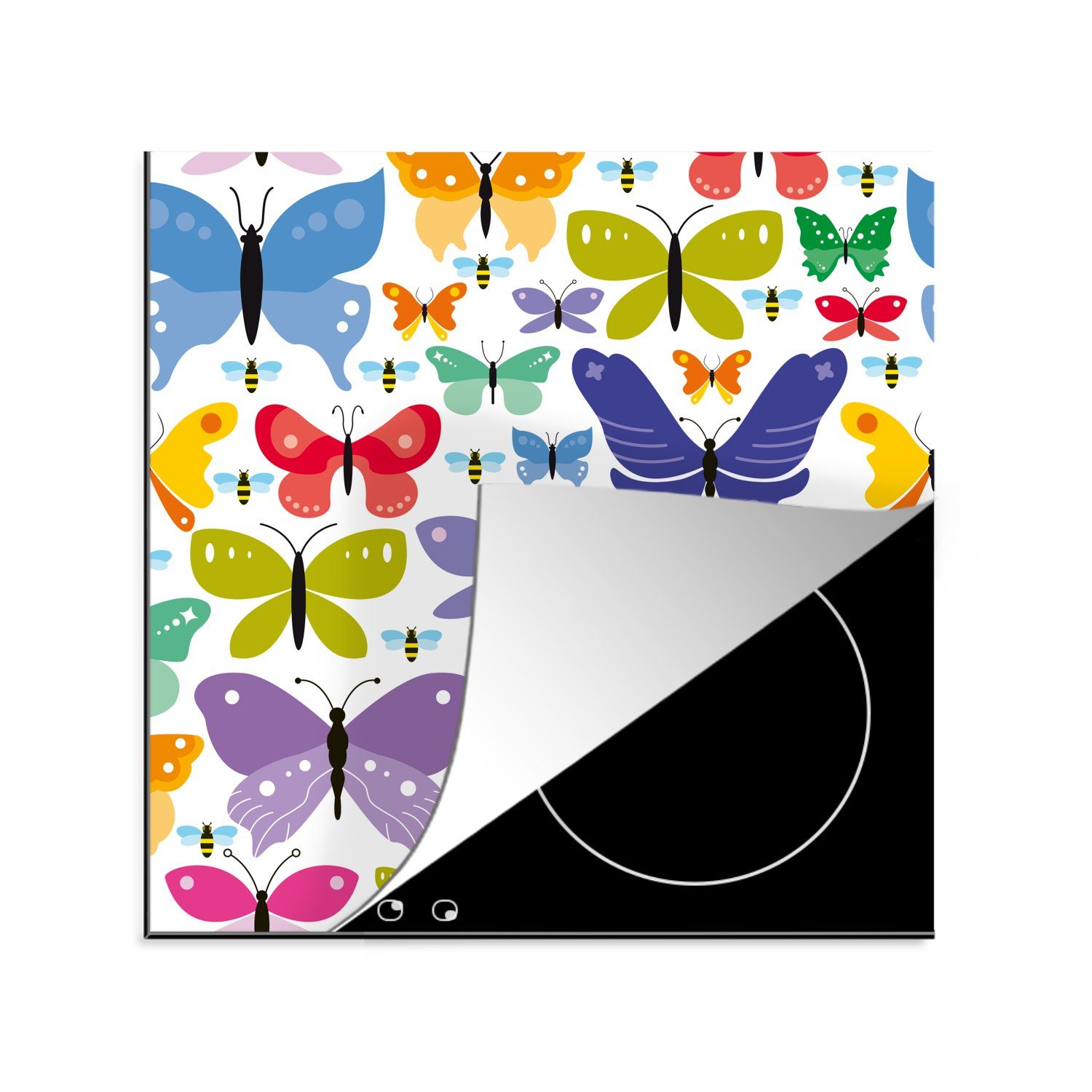MuchoWow Herdblende-/Abdeckplatte Eine bunte Illustration von Schmetterlingen, Vinyl, (1 tlg), 78x78 cm, Ceranfeldabdeckung, Arbeitsplatte für küche