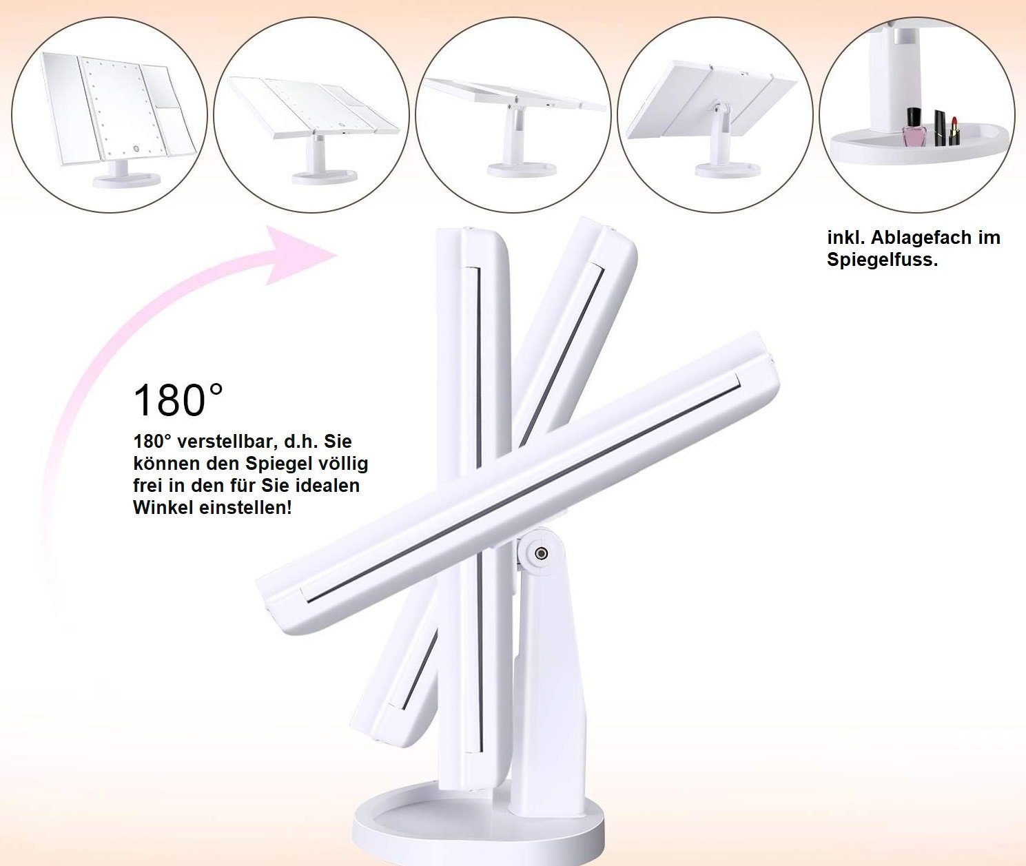 Luna24 simply great ideas... Kosmetikspiegel Beleuchteter Schminkspiegel, Spiegel mit 1X/ 2X/ 3X Vergrößerung, mit 22 LED's und Ablagefach