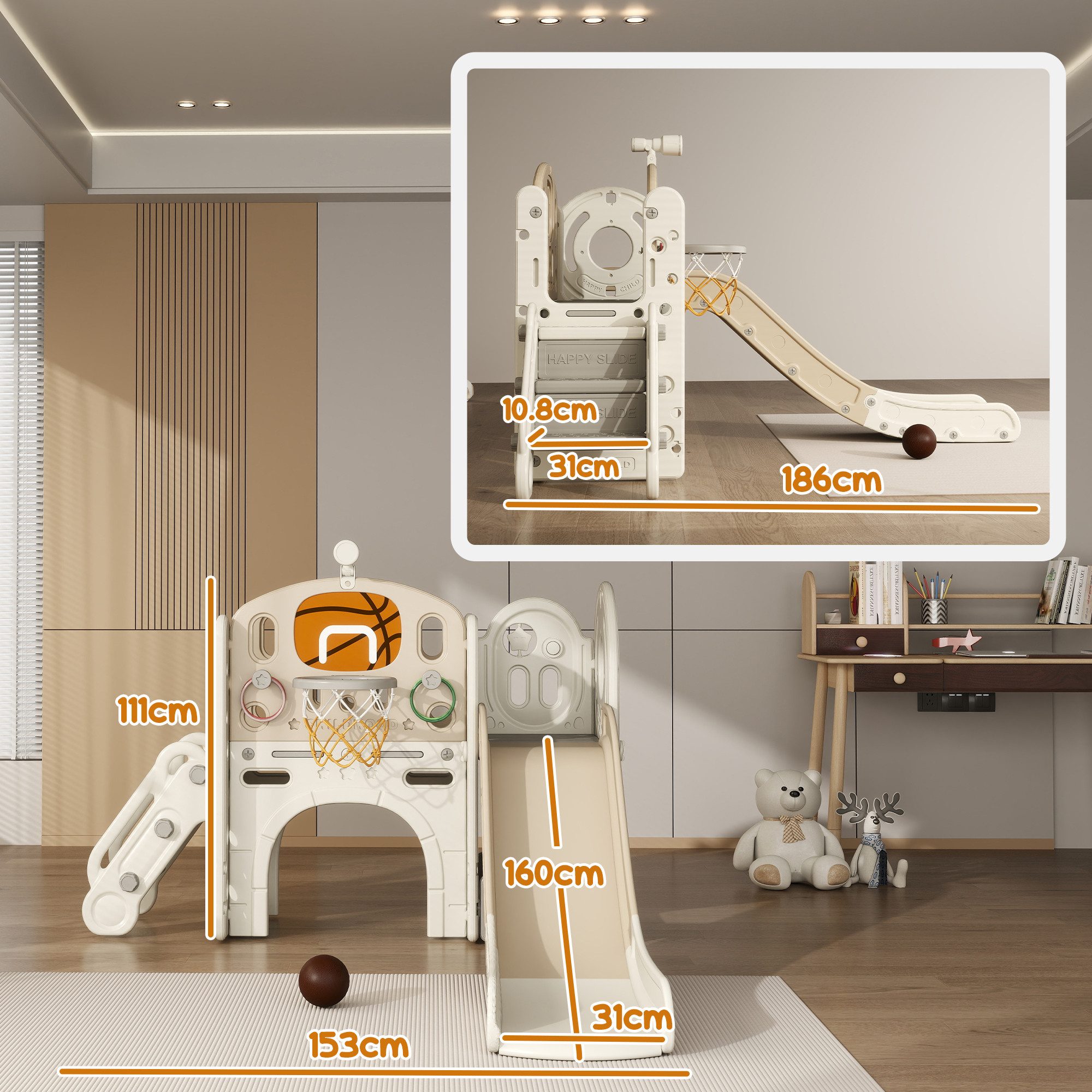 AIYAPLAY Rutscher Klettergerüst mit Teleskop, Tunnel und Aufbewahrungskorb, (Kinderrutsche, 1-tlg., Kleinkinderrutsche), für 1 bis 6 Jahre Kinder – Bild 3 von 5