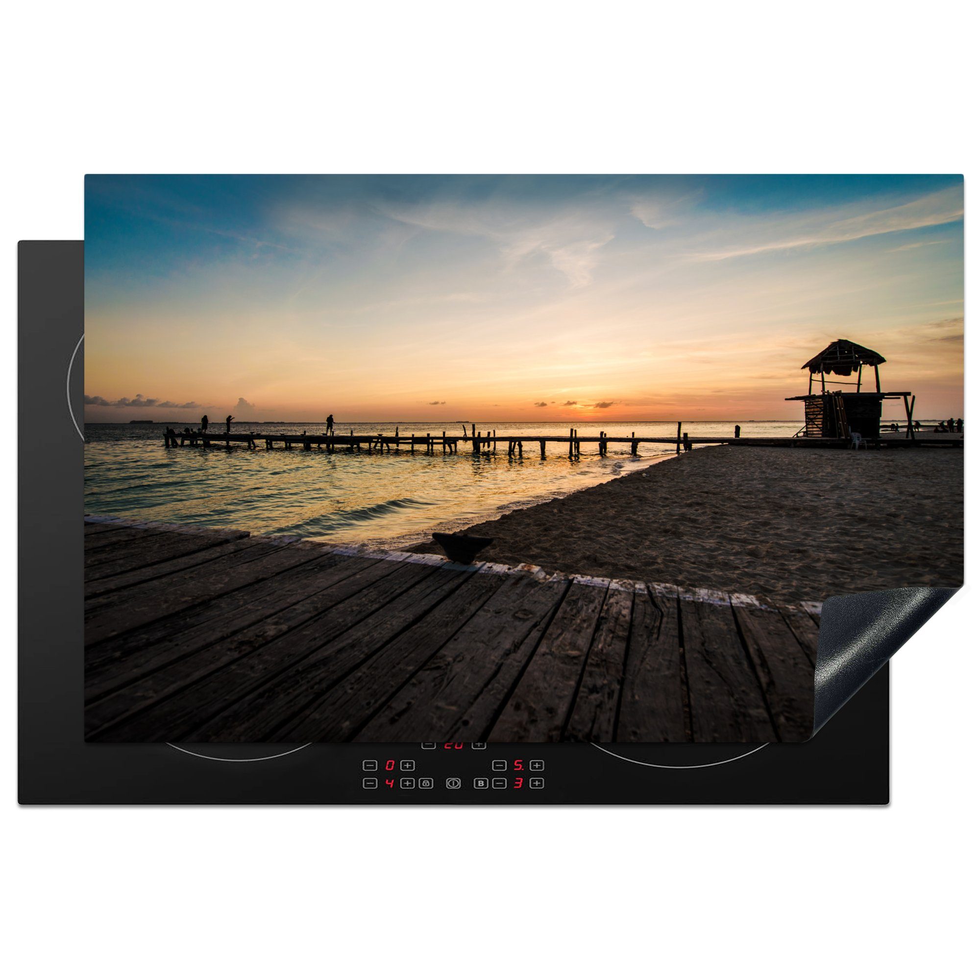 MuchoWow Herdblende-/Abdeckplatte Farbenfroher Sonnenuntergang am Strand von Isla Mujeres in Mexiko, Vinyl, (1 tlg), 81x52 cm, Induktionskochfeld Schutz für die küche, Ceranfeldabdeckung