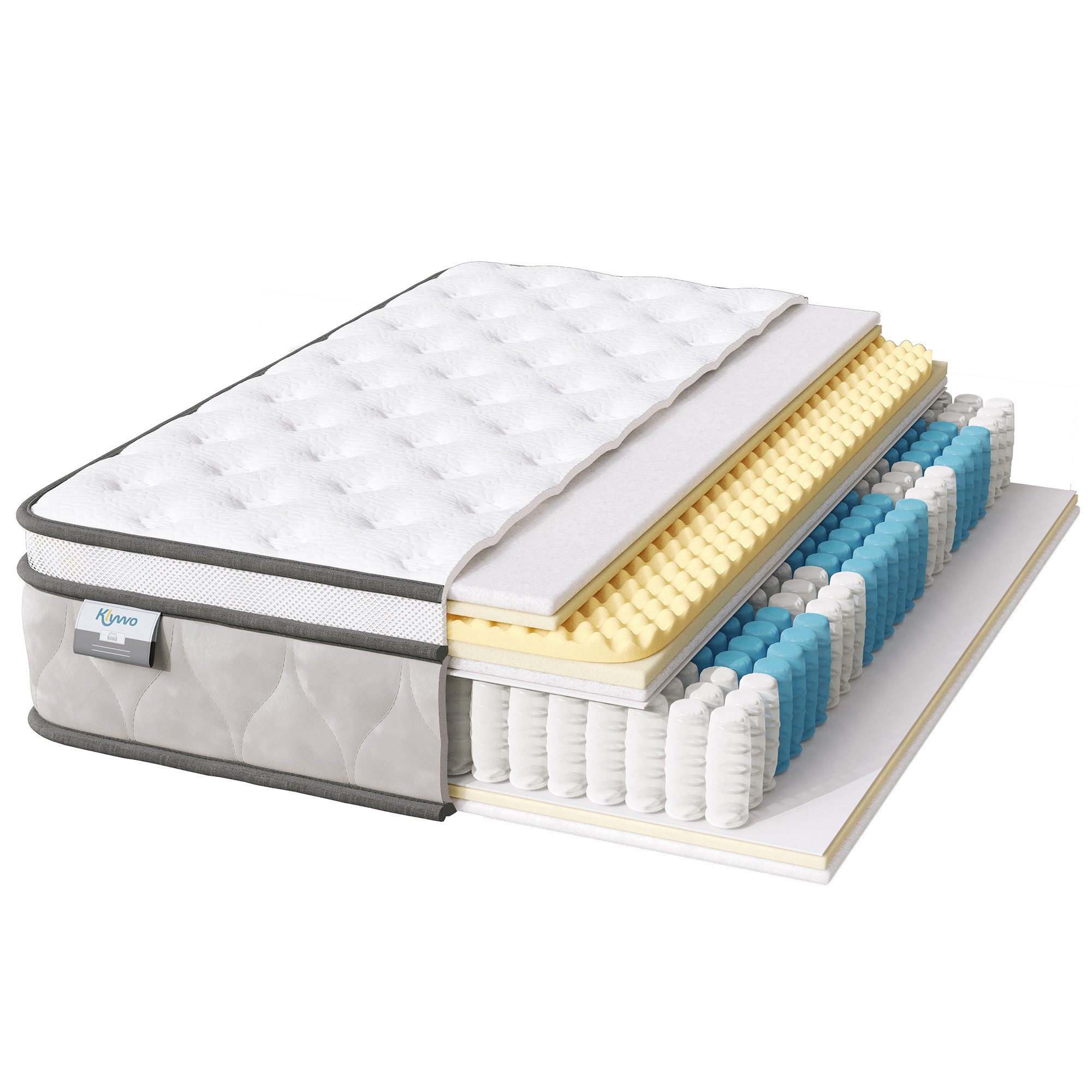 Boxspringmatratze 7-Zonen Federkernmatratze, Härtegrad H3, mit 1000 Federn & Memory Foam, Klyvvo, 26 cm hoch, Rückenentlastende, Bewegungsisolierung, Druckentlastung, Atmungsaktiv