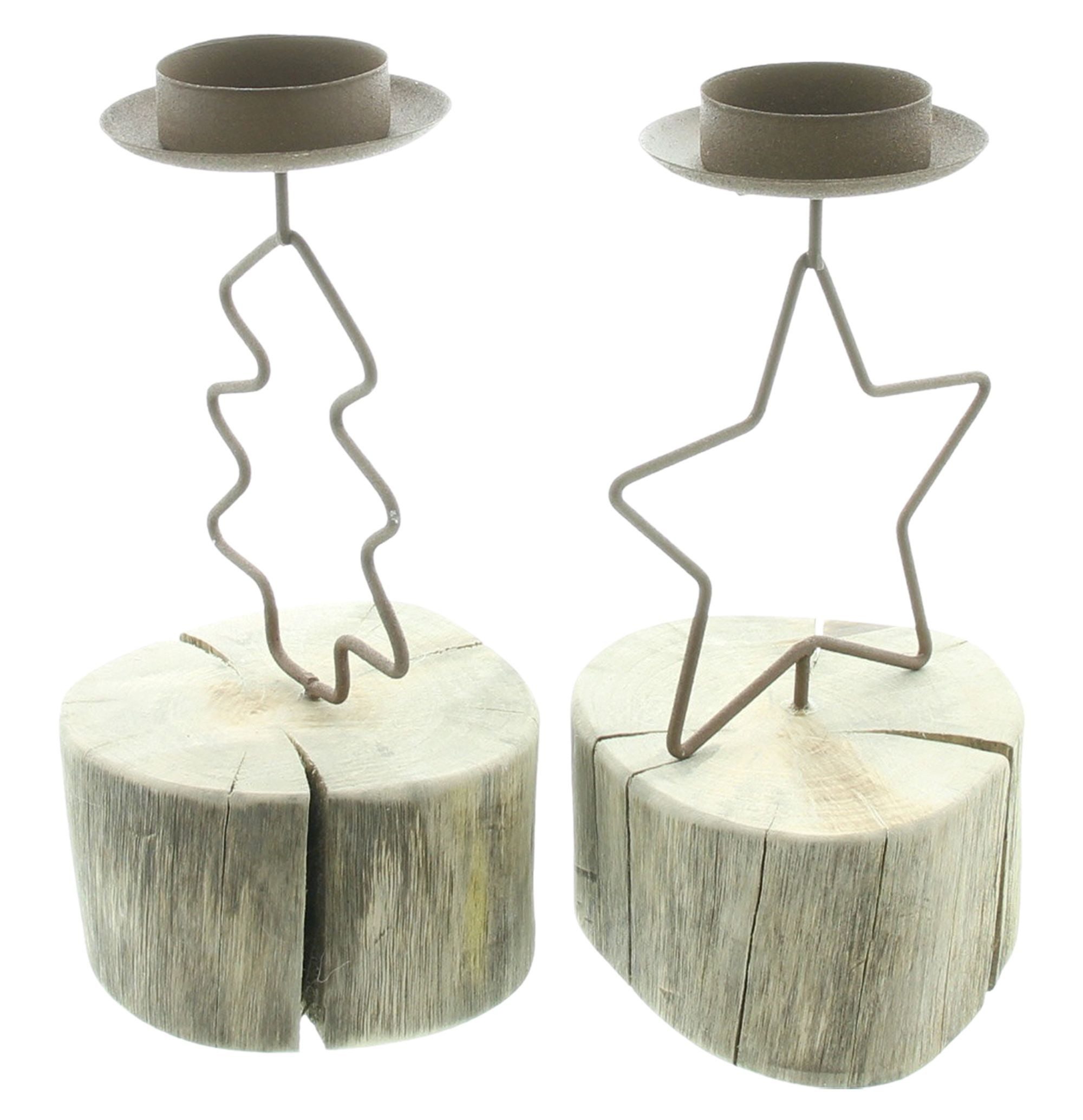 Dekoleidenschaft Teelichthalter "Tanne & Stern" aus Metall & Holz im Shabby Look, rustikale Tischdeko (2 St., im Set), Halter für Teelichter, Teelichtständer, Kerzenständer