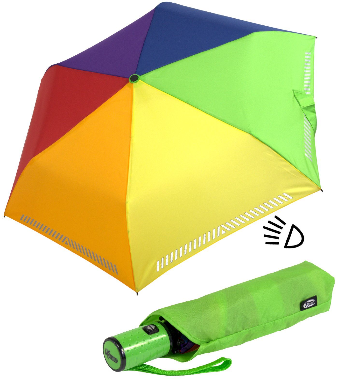 Sicherheit Auf-Zu-Automatik, Reflex-Streifen - Kinderschirm reflektierend, iX-brella Regenbogen mit Taschenregenschirm durch