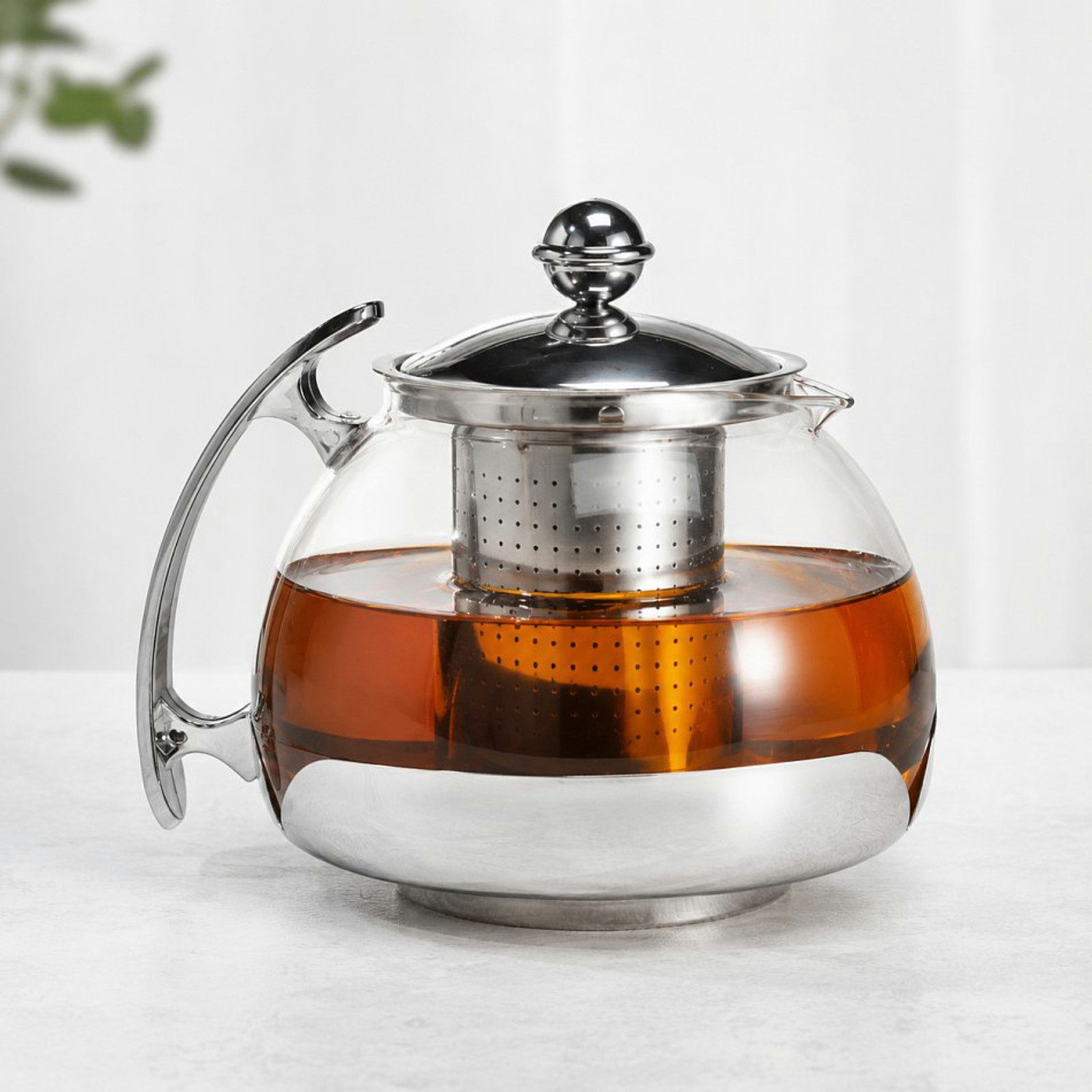 Haushalt International Teekanne Glaskanne Teebereiter Sieb 1,2L Glas Edelstahl, (Stück, 1-St., Packung), Siebeinsatz, Teefilter, 1,2 Liter, Spülmaschinengeeignet