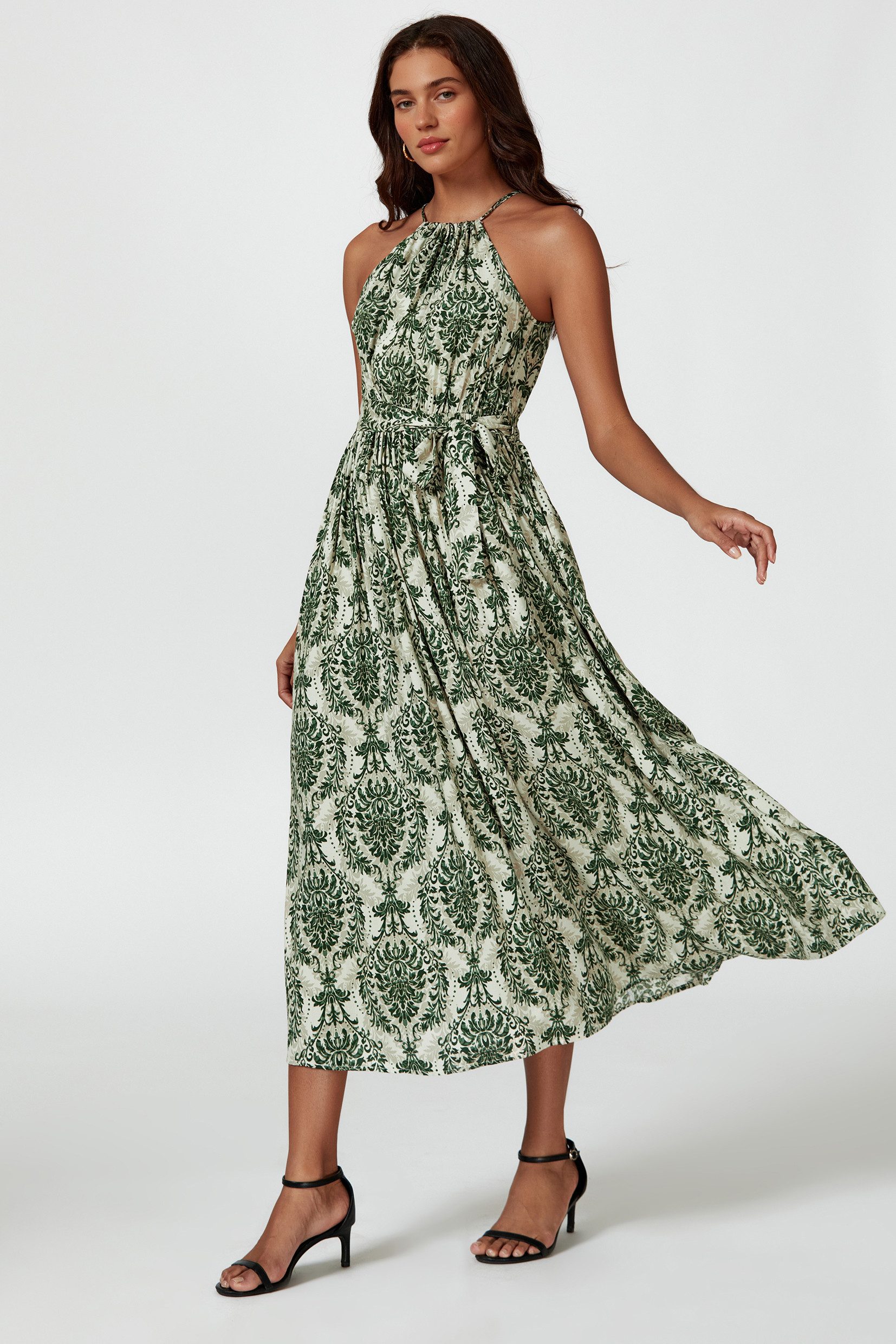 FS Collection Maxikleid Damen Maxikleid Sommerkleid Trägerkleid Ärmellos (XS (EU:36 / UK:8) · S (EU:38 / UK:10) · M (EU:40 / UK:12) · L (EU:42 / UK:14) · XL (EU:44 / UK:16), 5 Farben : Weiß-Pink, Pink, Grün, Marineblau, Offwhite-Grün) Bindegürtel, floraler Print, fließender Fall, Trägerdesign