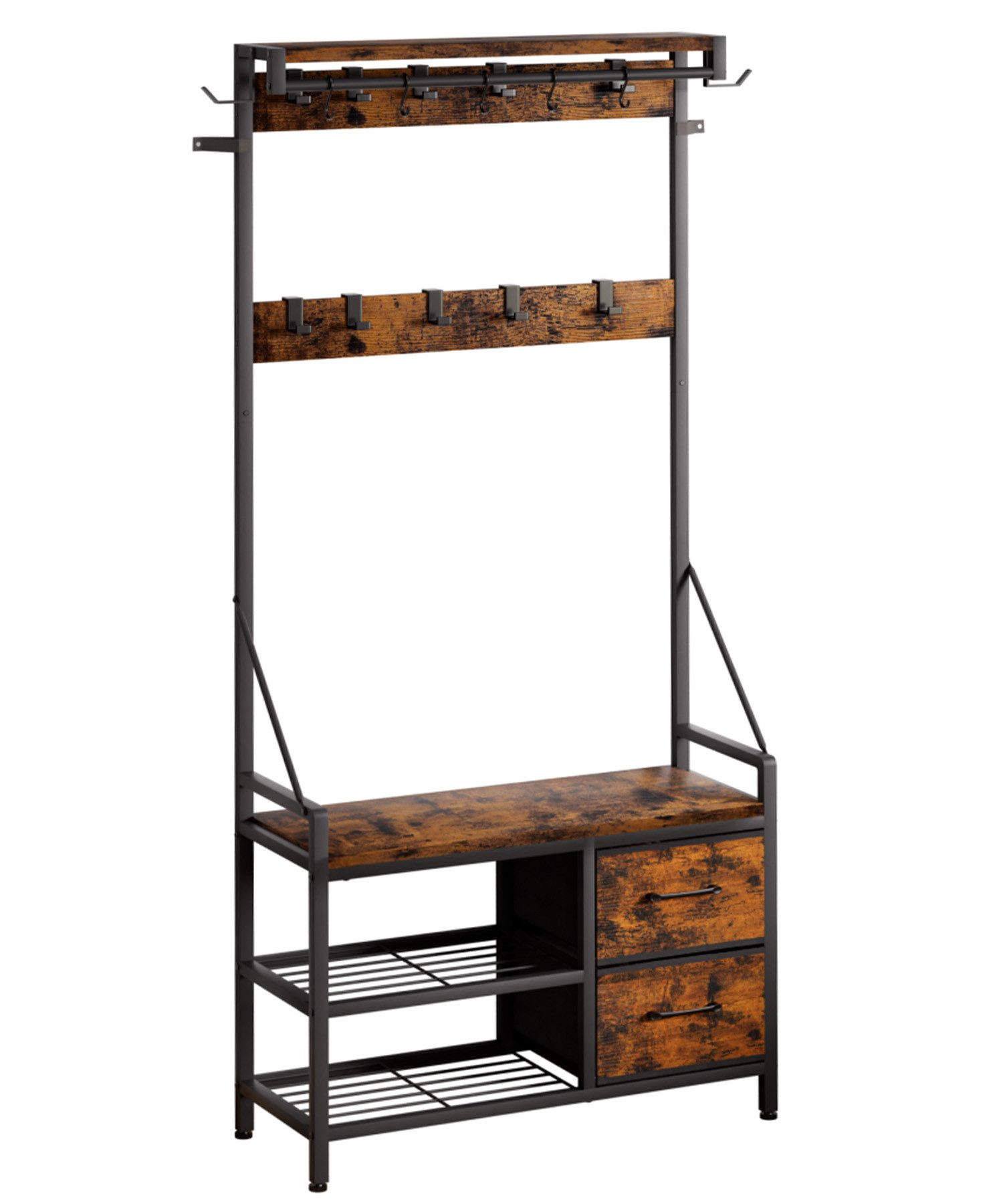 Yorbay Kleiderständer Garderobenständer mit Schuhregal & Sitzbank – 17 Haken, 2 Schuhreihen, (80x30x180 cm), 2 Stoffschubladen,Flurgarderobe für Diele, Wohnzimmer