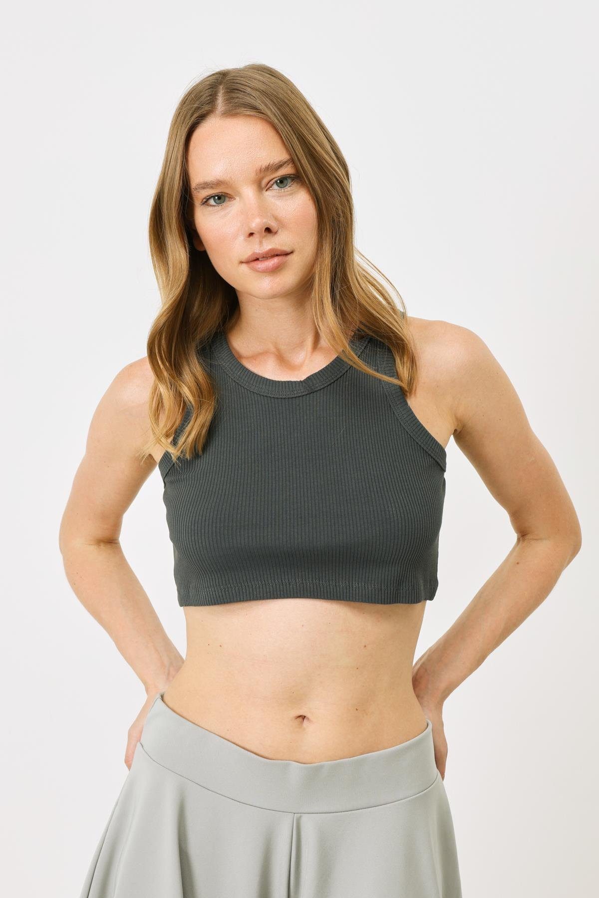 C&CITY Blusenbody Damen Halterneck Ripp Stretch Mini Crop Top