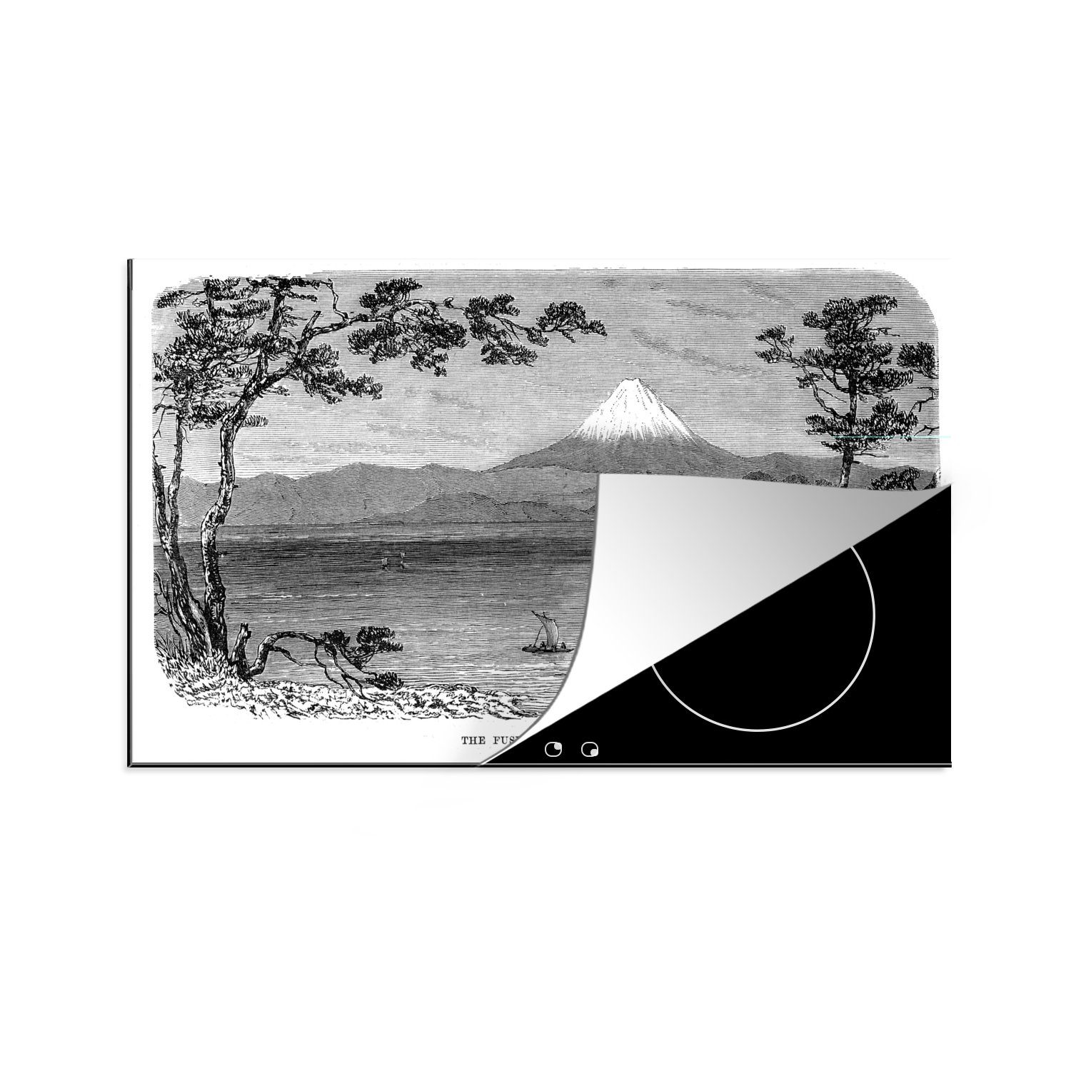 MuchoWow Herdblende-/Abdeckplatte Eine Schwarz-Weiß-Abbildung des Mount Fuji, Vinyl, (1 tlg), 83x51 cm, Ceranfeldabdeckung, Arbeitsplatte für küche