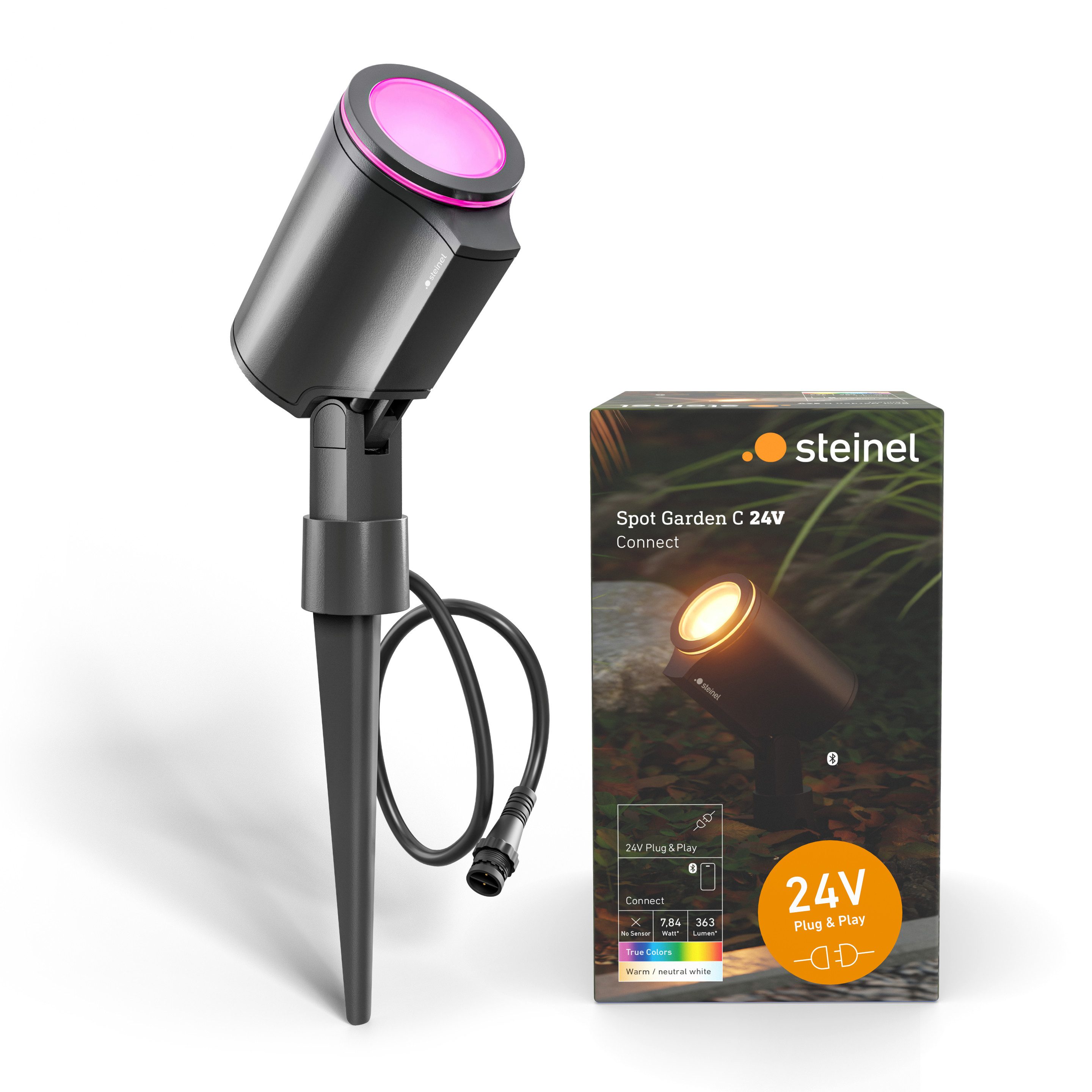 steinel Gartenstrahler Spot Garden 24 V, ohne Bewegungsmelder, LED fest integriert, 16 Mio. Farben, RGBWW, Dämmerungssensor, dimmbar, Zeitschaltuhr, Plug & Play