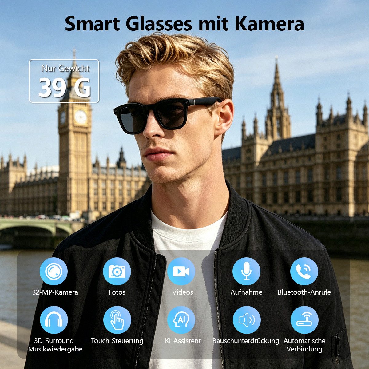 AeroAxis Videobrille AI Smart Glasses Sonnenbrille Video Brille mit HD 1080P Kamera, Mikrofon Musikwiedergabe Übersetzung Kleine Kamera Sprachassistent