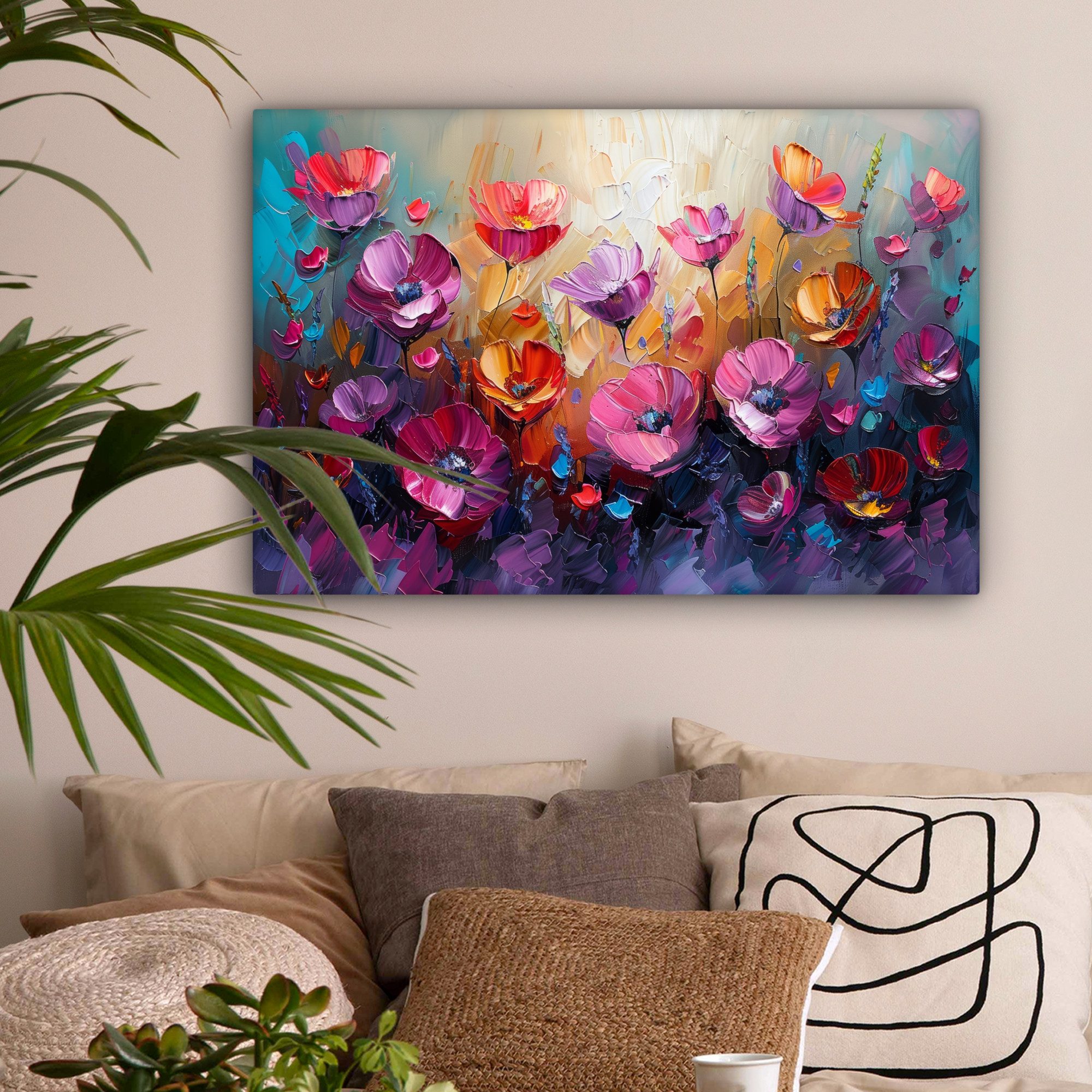 OneMillionCanvasses® Leinwandbild Blumen - Lila - Farbenfroh - Handbemalt - Kunst, Fotodruck (1 St), Leinwände Wanddeko Wohnzimmer Schlafzimmer 60x40 cm