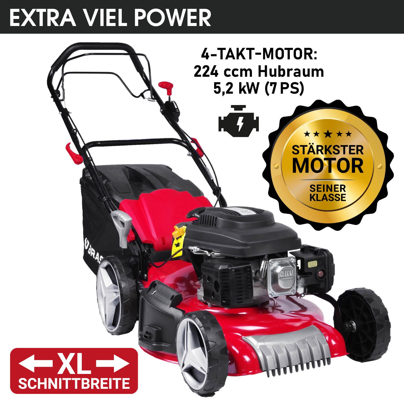 BRAST Benzinrasenmäher 7PS RED LINE mit Antrieb, 51 cm Schnittbreite, TÜV geprüft, 4 Takt OHV Motor 60L Fangkorb, massives Stahlgehäuse