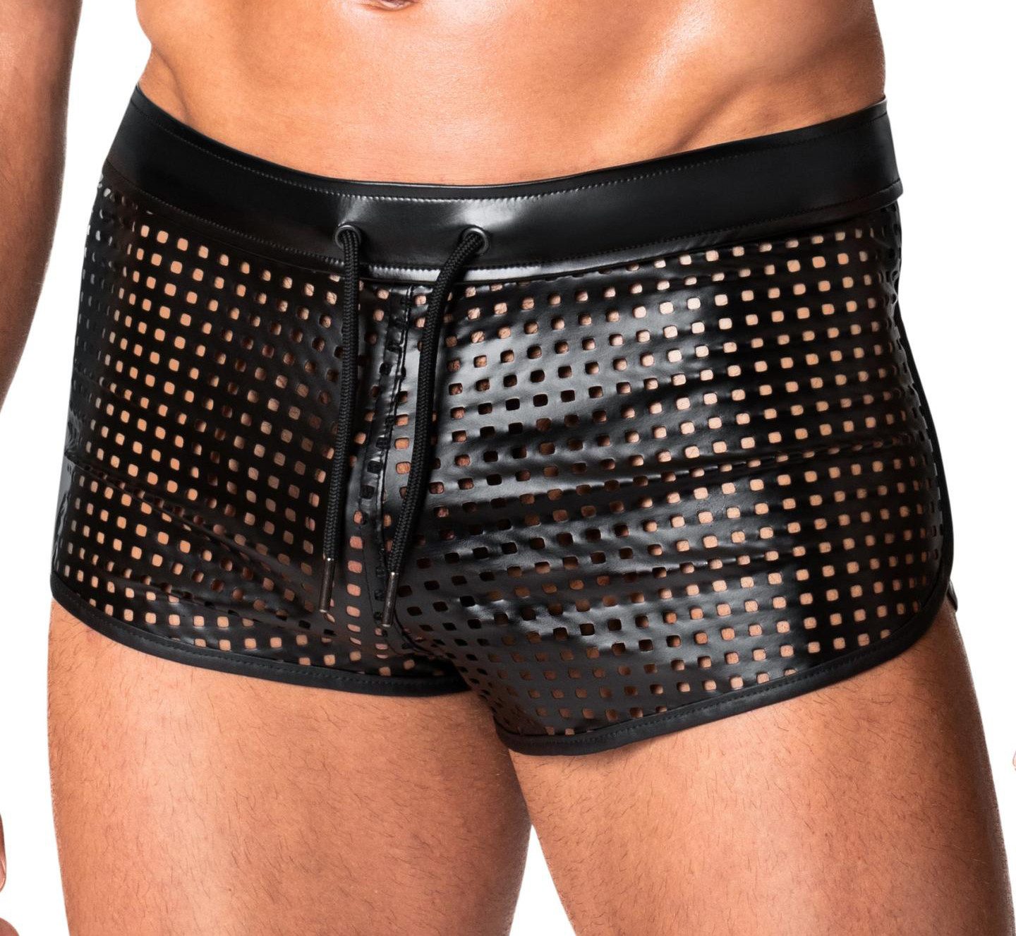 Noir Handmade Men Collection Boxershorts Schwarze Herren wetlook Shorts perforiert glänzend elastischer Bund mi