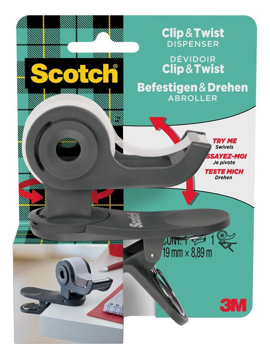 Klebeband Scotch Handabroller Clip & Twist, dunkelgrau, bestückt