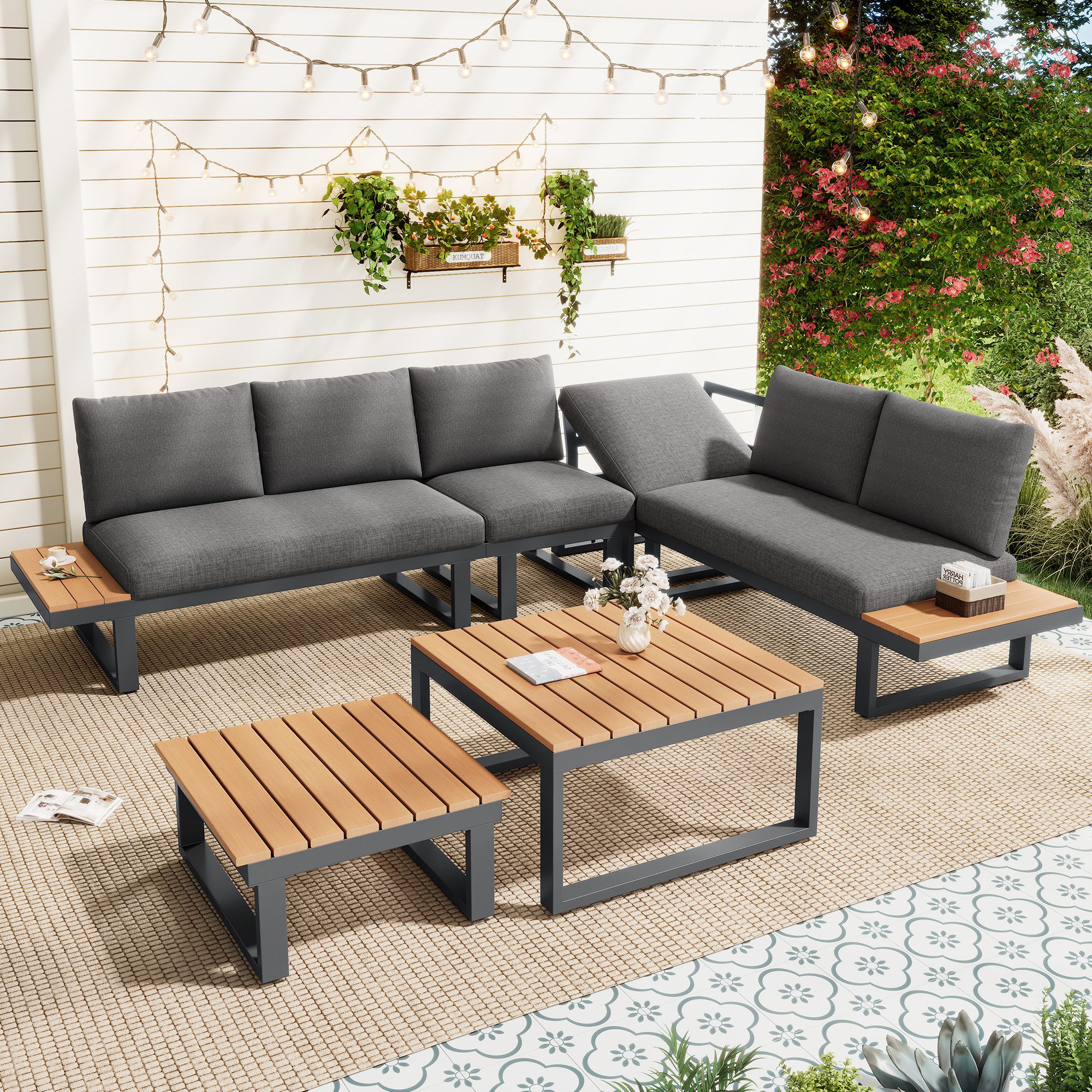 HAUSS SPOLE Gartenlounge-Set Mehrsitzer modular verstellbar,Terrassenlounge Gartenmöbel mit Ecksofa