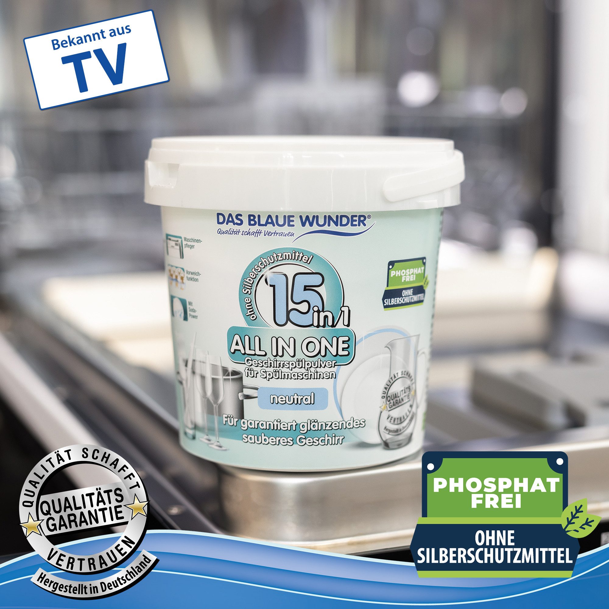 Das Blaue Wunder® All in One 15in1 Geschirrspülpulver phosphatfrei Spülmaschinenpulver (Bis zu 200 Spülgänge, 15 Funktionen mit Soda Power Effekt, 1.000 g)
