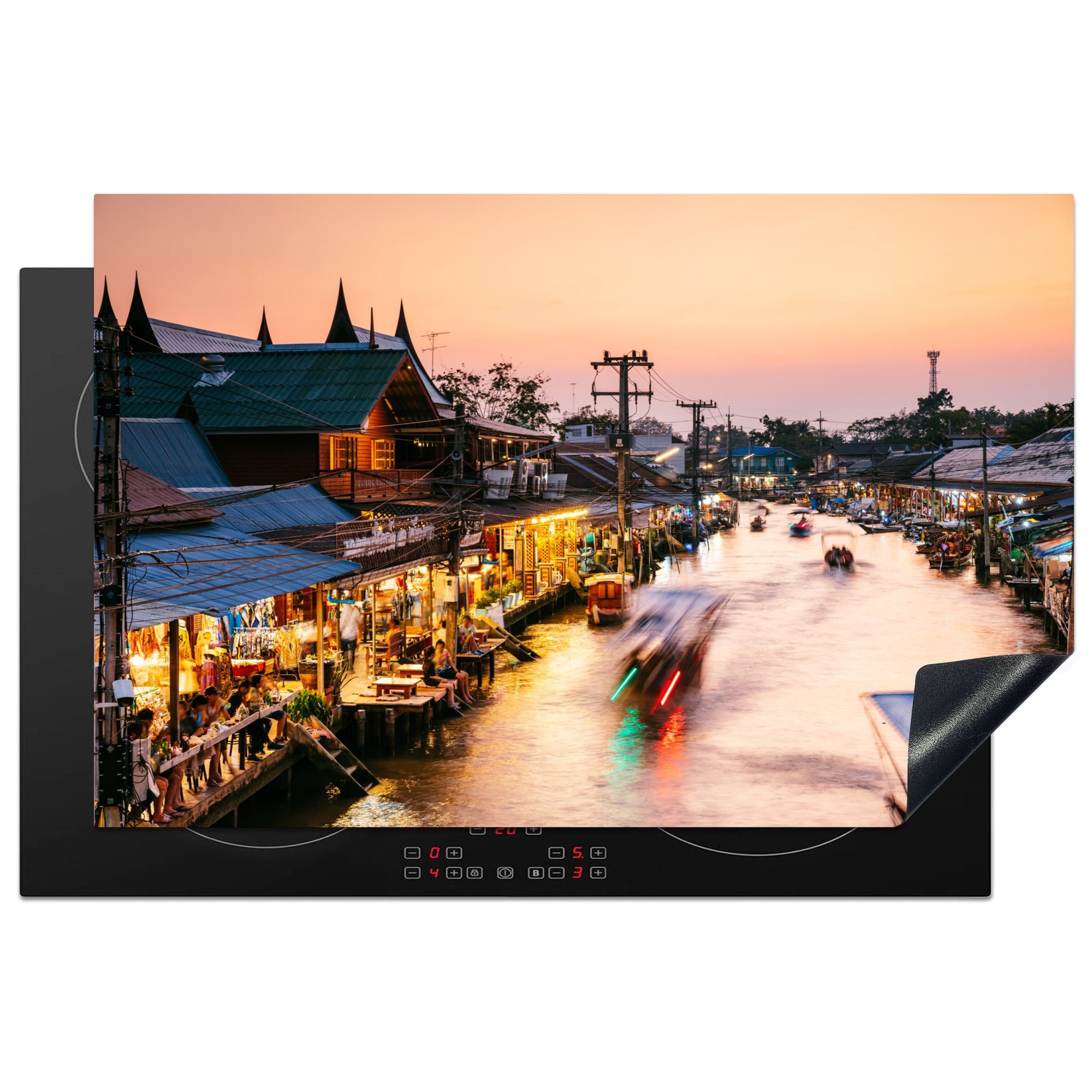 MuchoWow Herdblende-/Abdeckplatte Sonnenaufgang auf dem schwimmenden Markt in Thailand, Vinyl, (1 tlg), 81x52 cm, Induktionskochfeld Schutz für die küche, Ceranfeldabdeckung