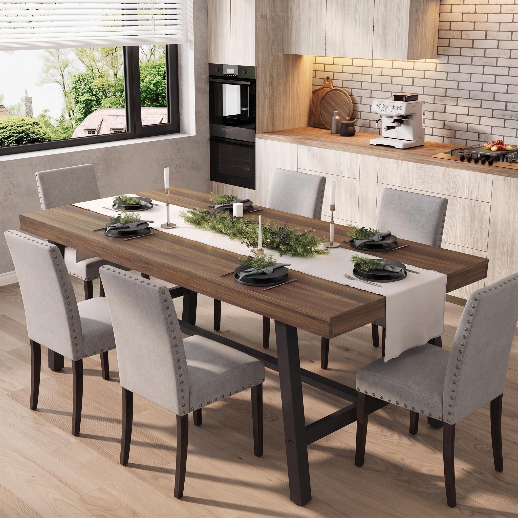 GarveeMore Essgruppe 1 Tisch & 4 Stühle aus Metall & Holz, industrielles Design, (Set, 5-tlg), für Esszimmer & Küche, braun/natur