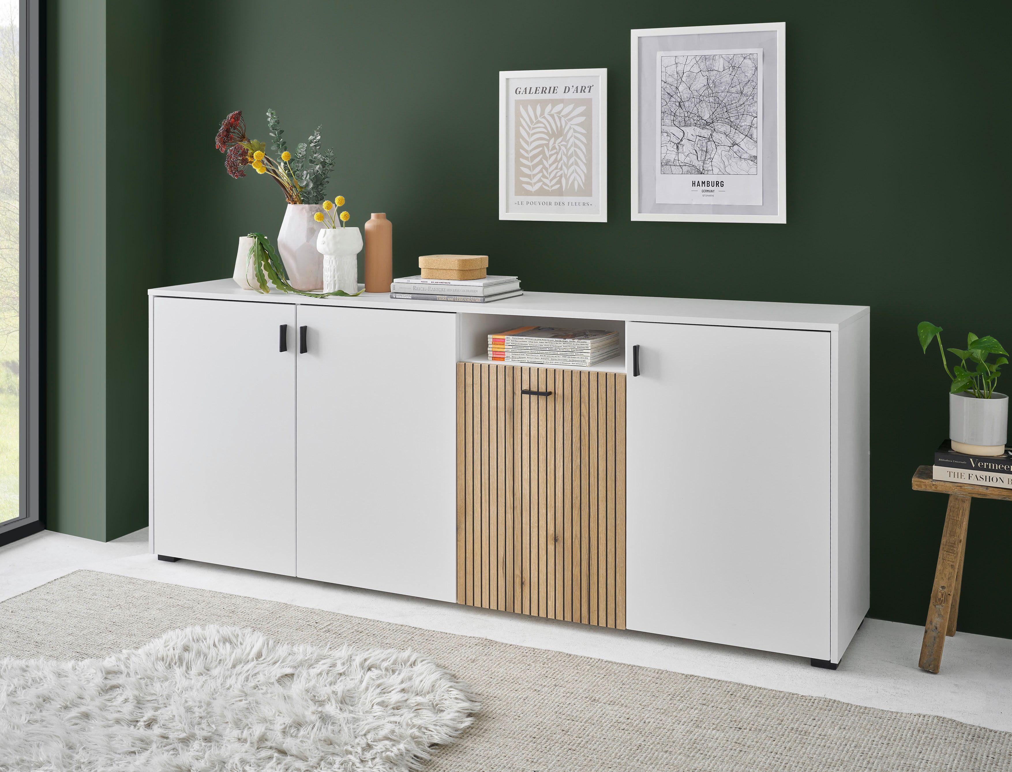 Home affaire Sideboard Hudson, in moderner Trendfarbe, Griffe aus Metall (Schwarz), Breite 200 cm
