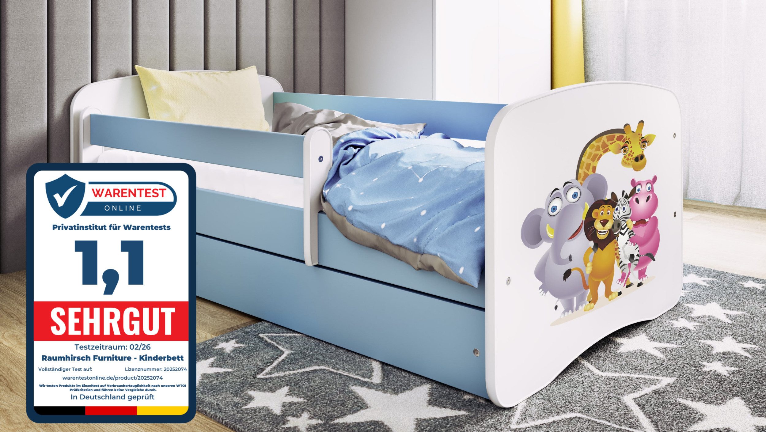 Raumhirsch Furniture Kinderbett 70x140, 80x160, 80x180 cm - Komplettset mit Schublade (Bett für Mädchen, Einzelbett für Kinder von 2-12 Jahren, Rausfallschutz und Lattenrost), verschiedene Farben & Designs