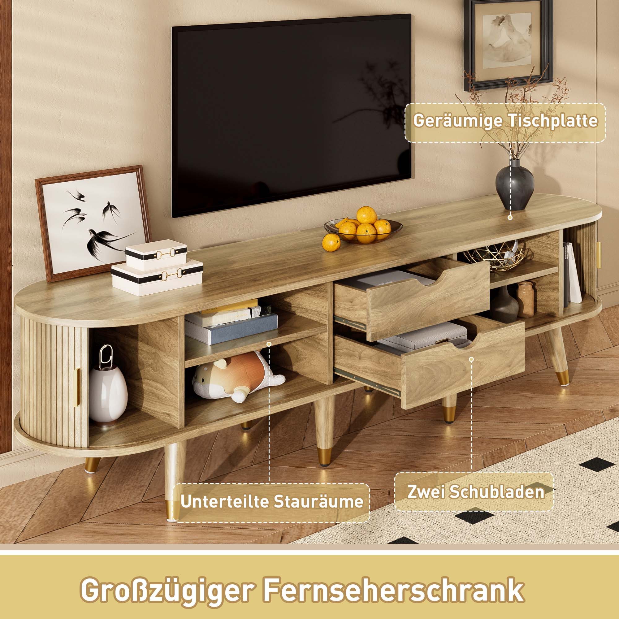 Yorbay TV-Schrank TV-Schrank 175 cm mit Rattan-Schiebetür, Walnussoptik & viel Stauraum Landhausstil Fernsehtisch mit offenen Fächern, Schubladen & Schrank