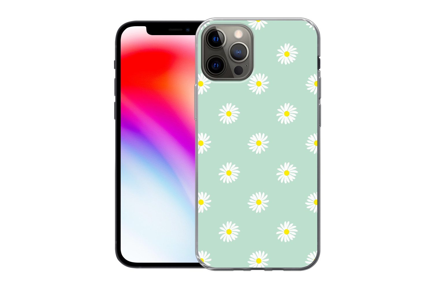 MuchoWow Handyhülle für Apple iPhone 12 Pro Gänseblümchen - Pastell - Weiß - Grün - Floral, Smartphone-Bumper, Print, Handy Schutzhülle Dünn