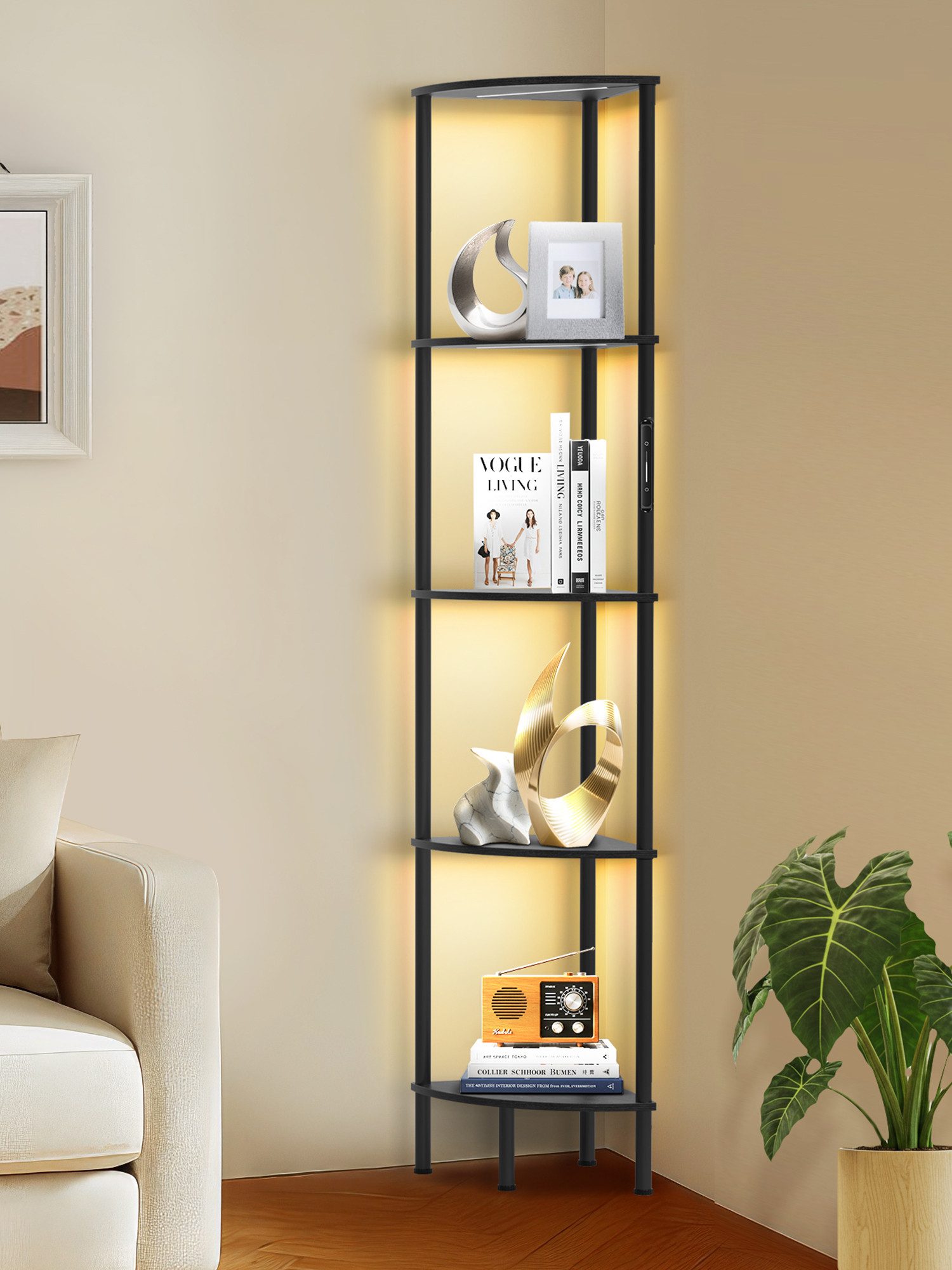 OUTON Stehlampe LED-Bücherregal im Vintage-Stil, 5 Ebenen, dimmbar, 3000K–6500K, gelb/schwarz