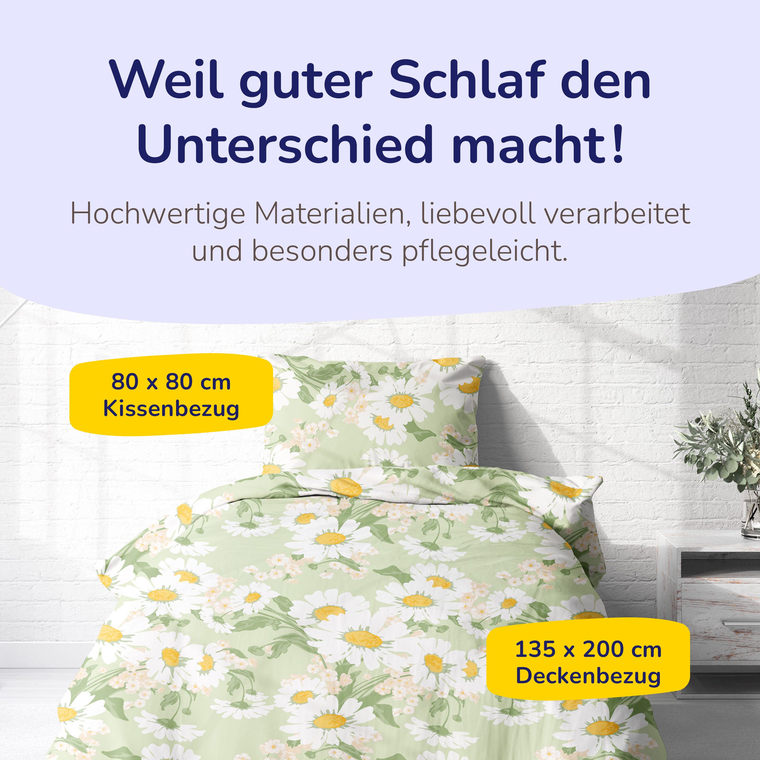 Träumschön Bettwäsche Premium Set 135x200 oder 155x220 aus 100% Baumwolle - Blumen Muster, Baumwolle, 2 teilig, mit Reißverschluss, luftig und leichte Sommerbettwäsche