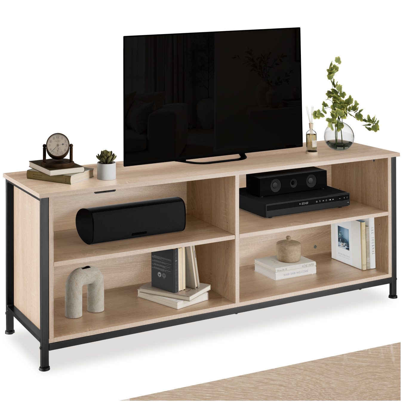 tectake Lowboard TV-Schrank, 147 x 41 x 60,5 cm, höhenverstellbare Kunststofffüße (Fernsehboard Navan, in Industrial Holz hell, Eiche Sonoma), Holz und Stahl, 2 verstellbare Einlegeböden, 4 Kabelaussparungen