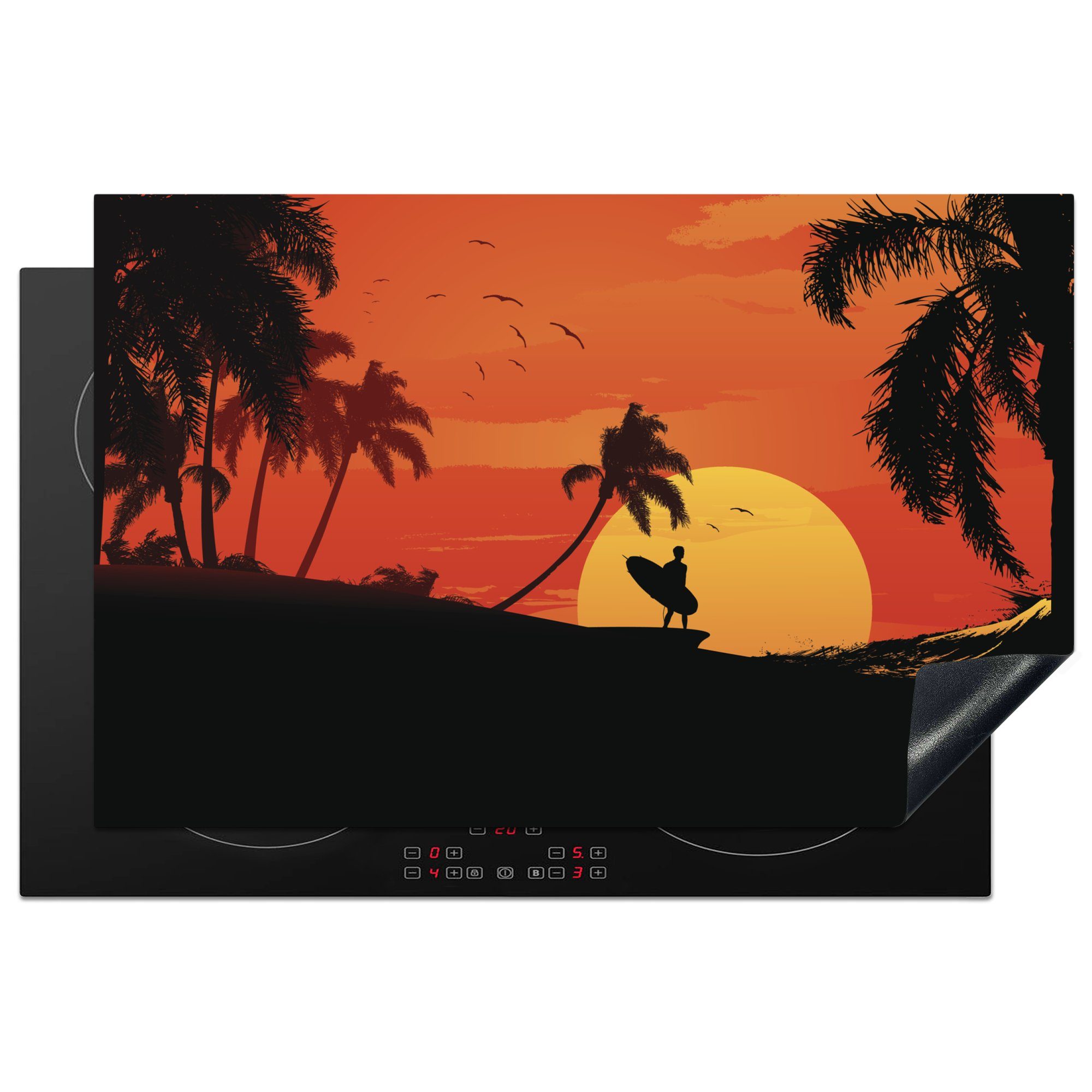 MuchoWow Herdblende-/Abdeckplatte Tropische Illustration eines Surfers bei Sonnenuntergang, Vinyl, (1 tlg), 81x52 cm, Induktionskochfeld Schutz für die küche, Ceranfeldabdeckung