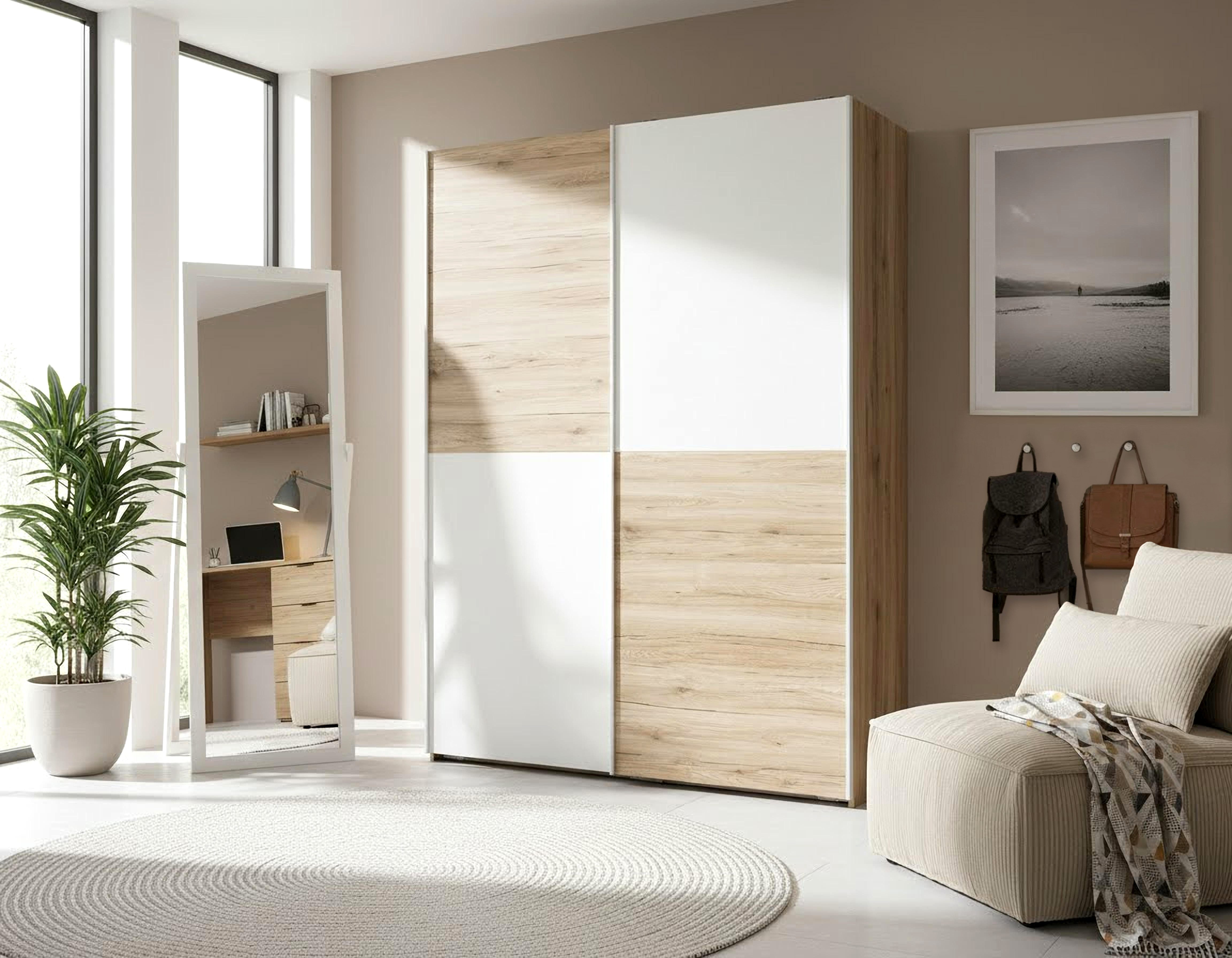 Schlafkontor Schwebetürenschrank Heimo/Fast Schrank Kleiderschrank Garderobe geringe Tiefe, ausziehbarer Kleiderstange, Garderobenschrank, 6 Böden