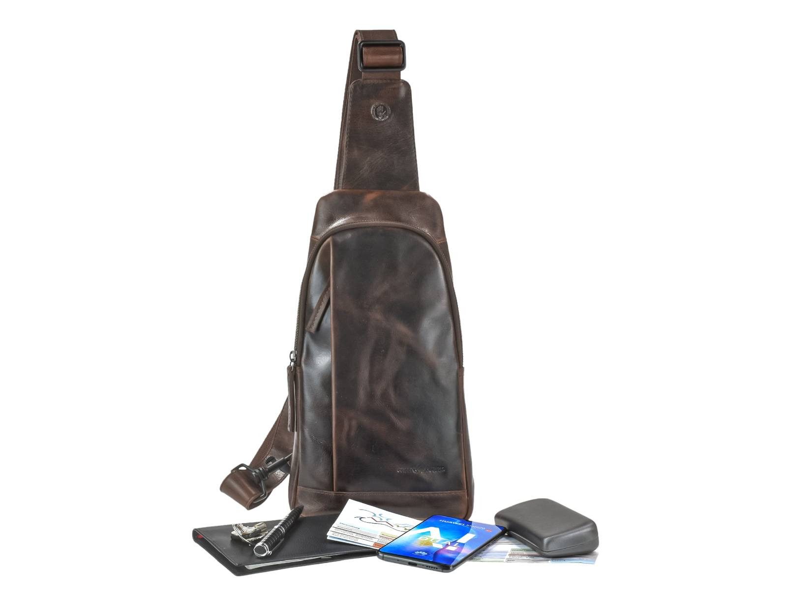 Greenburry Umhängetasche "Newport" Leder Crossover-Bag Crossbody Tasche Slingbag Herren Damen, Hauptfach 16x28cm, Gurt 100-150 cm
