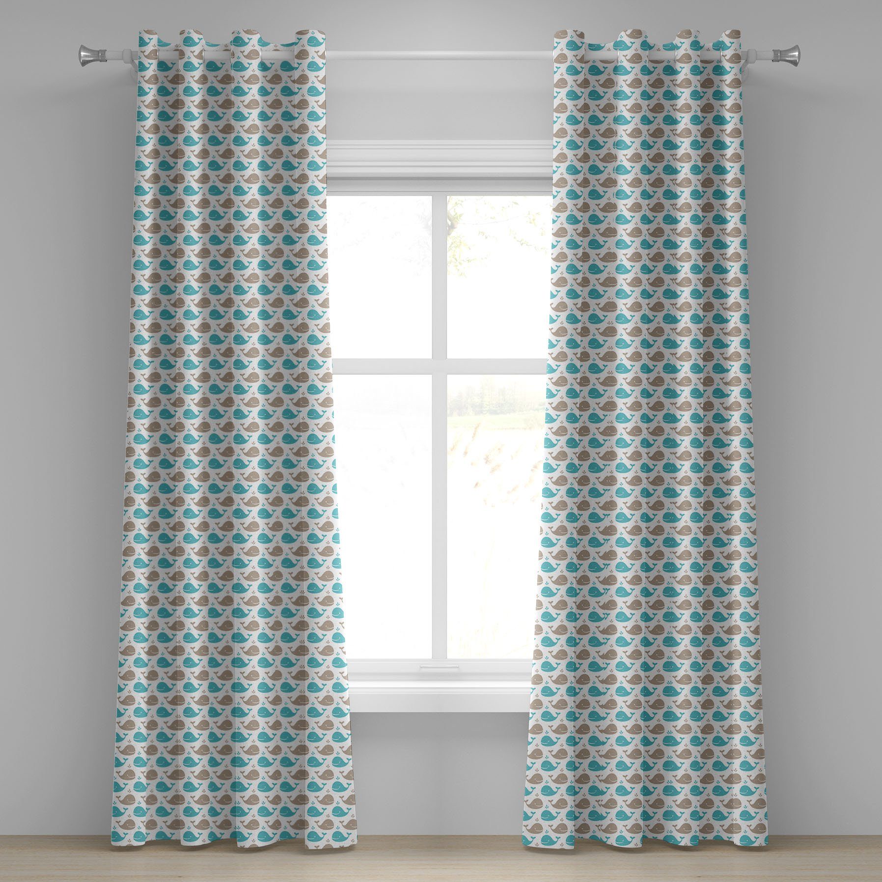 Gardine Dekorative 2-Panel-Fenstervorhänge für Schlafzimmer Wohnzimmer, Abakuhaus, Wal Smiling Fish in Ocean