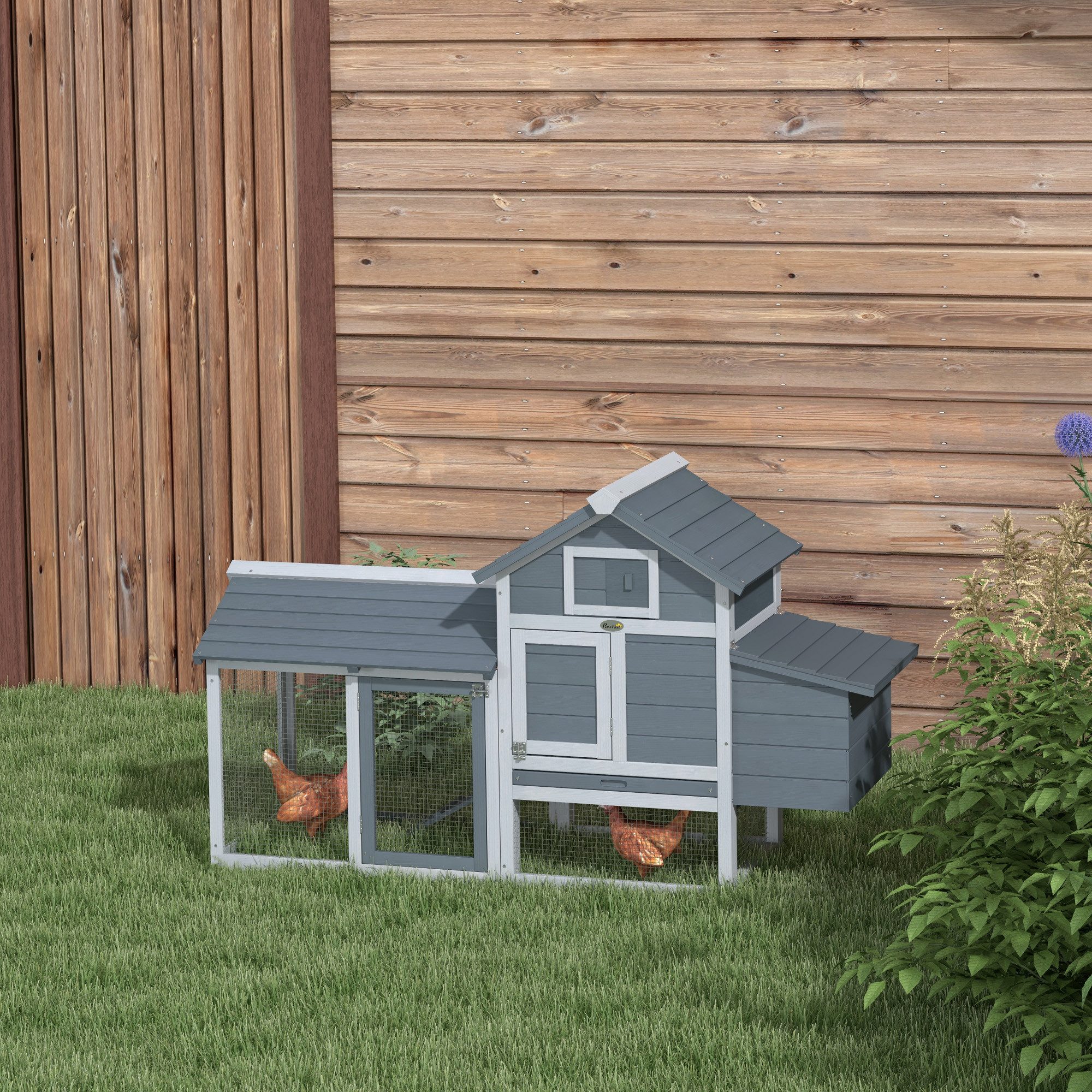 PawHut Hühnerstall Zwerghühnerstall mit Freigehege, Nistkasten, Bodenwanne, für Garten, Balkon, Grau