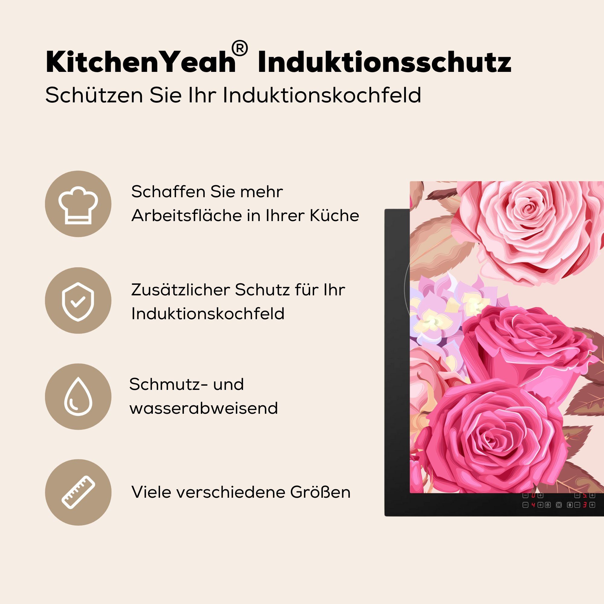 81x52 die MuchoWow küche, für Ceranfeldabdeckung Induktionskochfeld tlg), Schutz (1 cm, Rosen Hortensien - - Blumen Rosa, Vinyl, - Herdblende-/Abdeckplatte