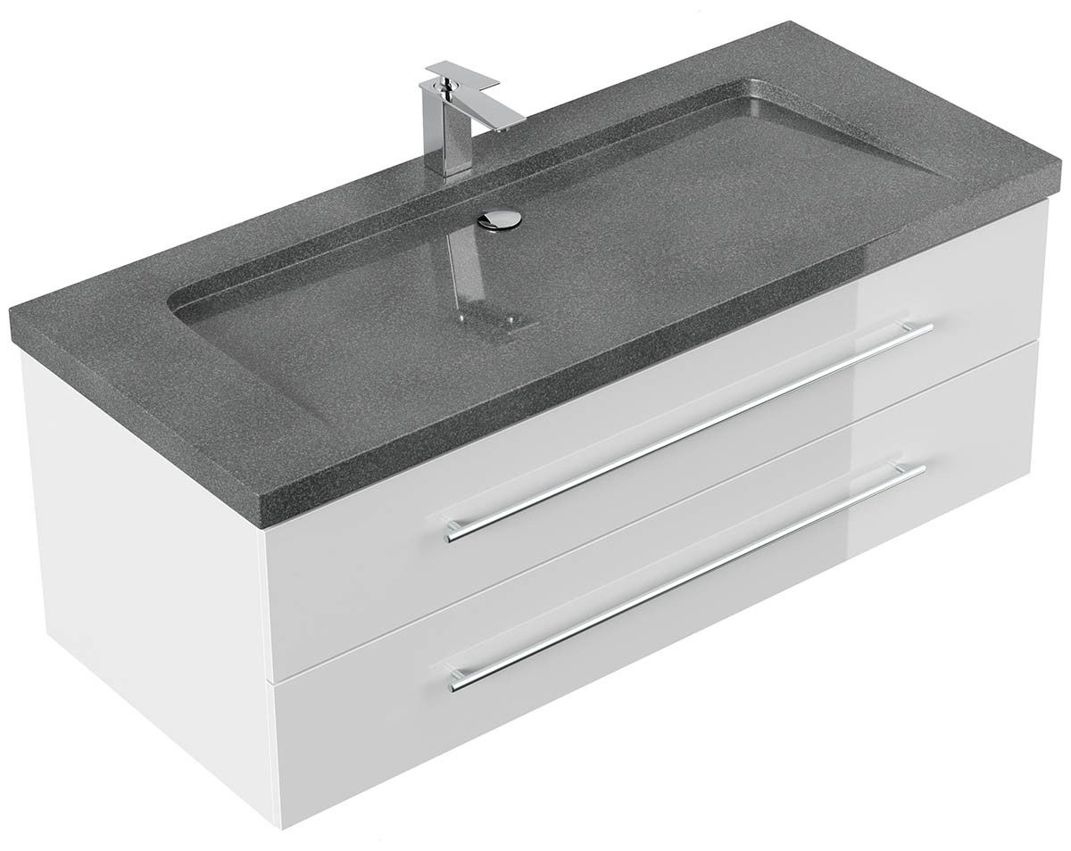 Posseik Waschtisch-Set Badmöbel Waschtisch NATURE 130cm, Granit-Waschbecken, weiß hochglanz, (Badmöbel Set, 1-St., Waschtisch Set)