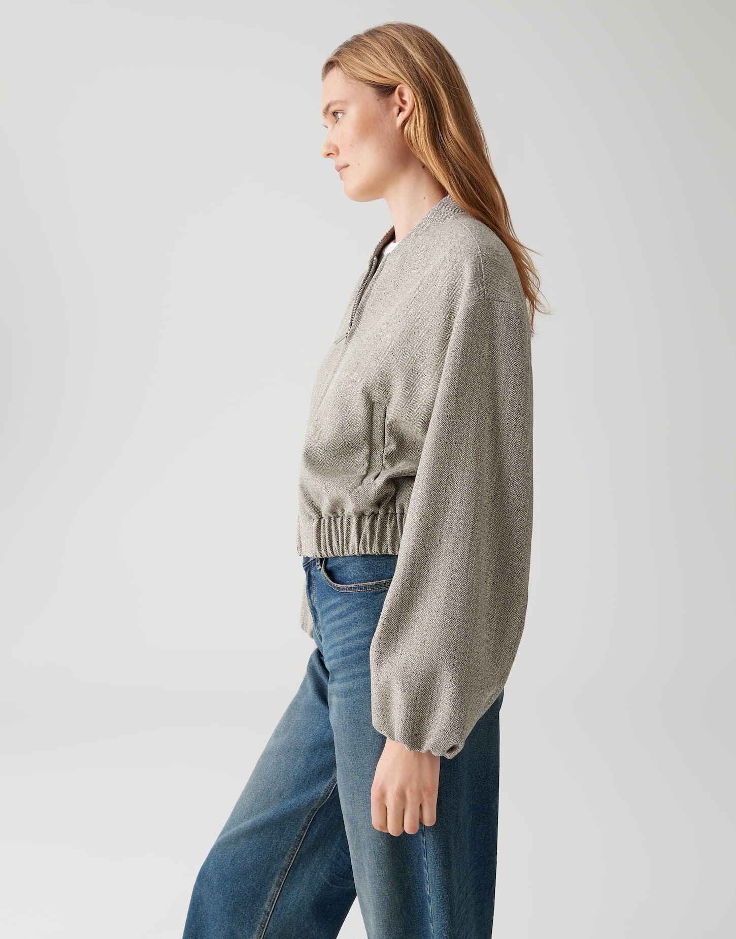 OPUS Jackenblazer JALEA HERRINGBONE im Fischgratmuster Blousonkragen, schräge Paspeltaschen, Reißverschluss