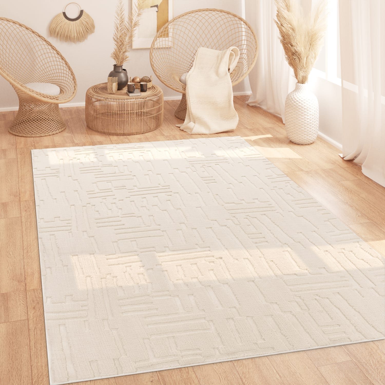 KADIMA DESIGN Teppich waschbar Struktur Wohnzimmer schmutzabweisend Teppich Kurzflor, Läufer, Höhe: 16 mm, Florhöhe: 12 mm, 100% Polyester, Läufer, 80x150cm, Creme