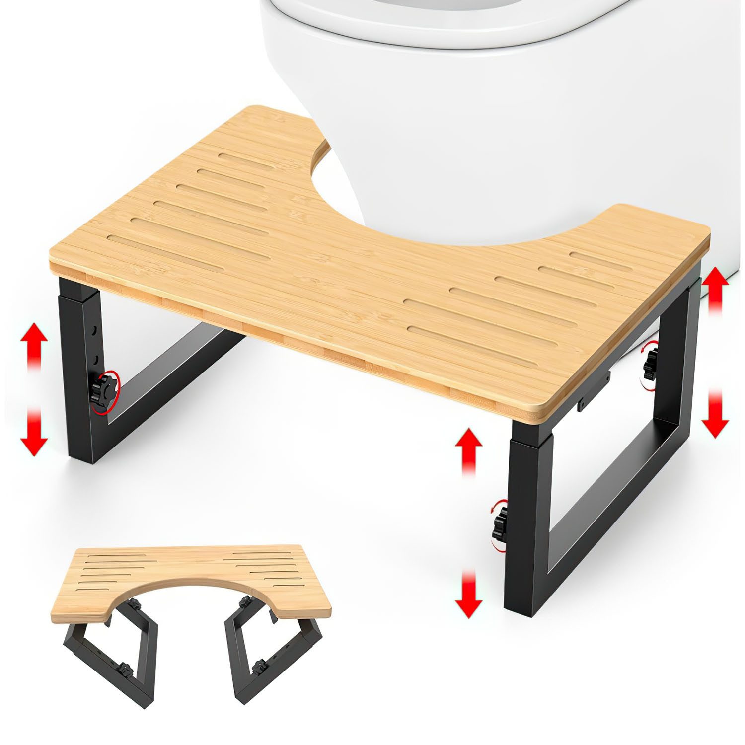 HEYHIPPO Tritthocker Klappbarer Toilettenhocker Höhenverstellbarer Fußhocker Holzfarbe (Stabiler und tragbarer Toilettentritthocker mit geringem Platzbedarf, Ein Tritthocker), Rutschfester Fußhocker für Erwachsene und Kinder aus Bambus