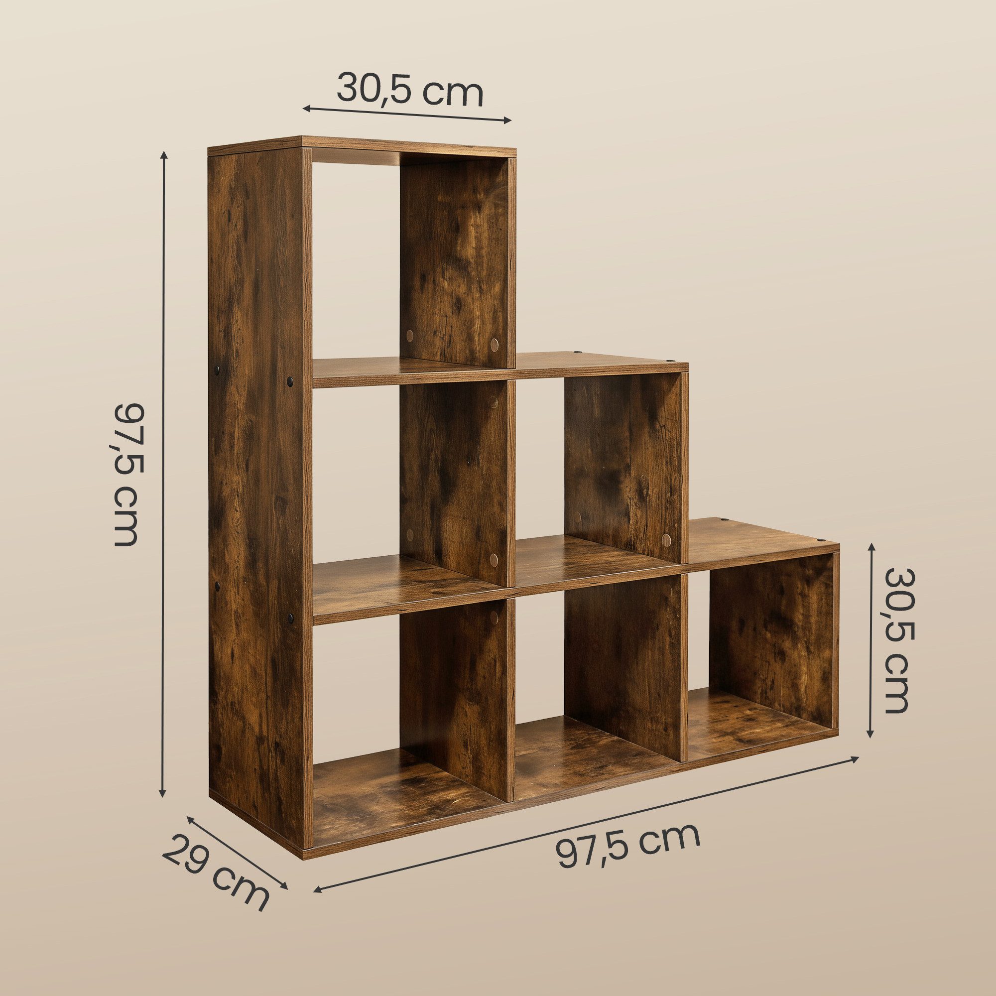VASAGLE Bücherregal, mit 6 Fächern, Würfelregal, Stufenregal, 97,5 x 29 x 97,5 cm