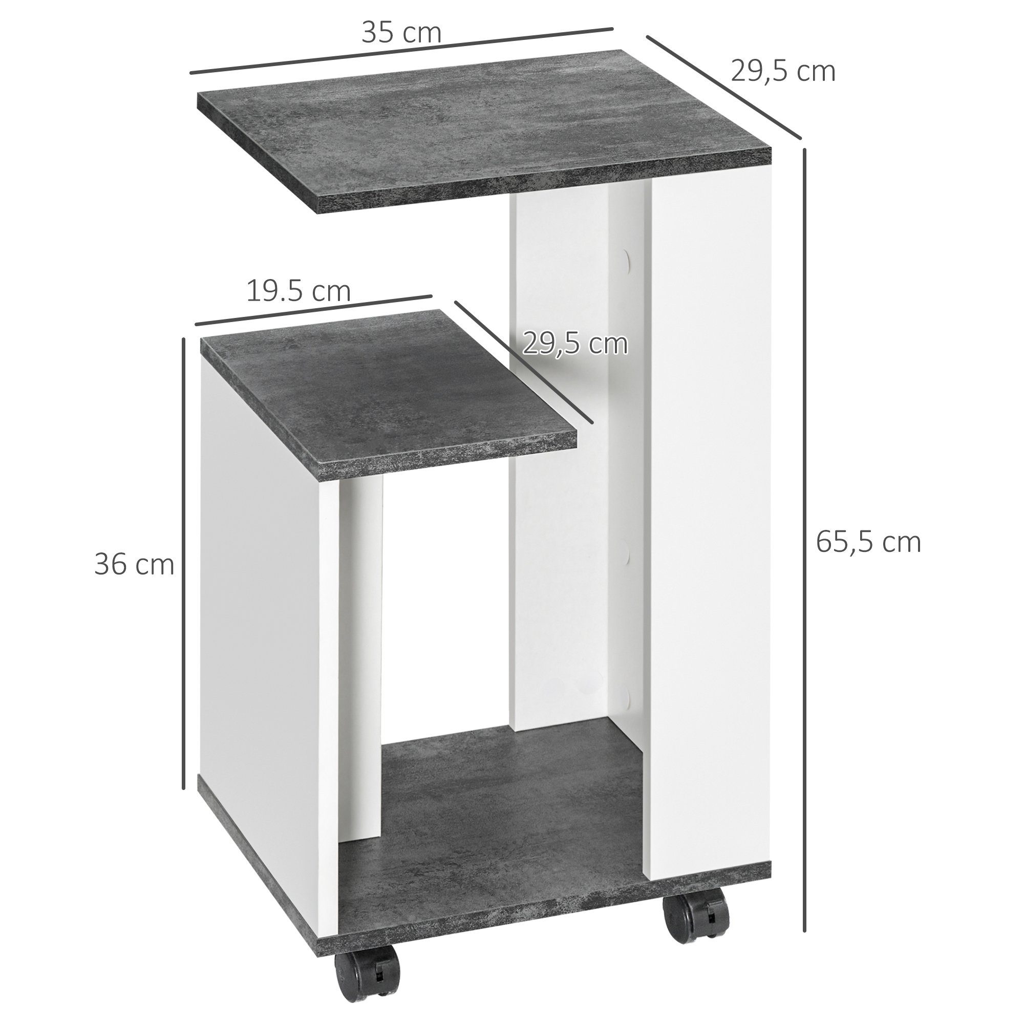 HOMCOM Nachttisch Beistelltisch mit Rollen Couchtisch mit 3 Regalen (Sofatisch, 1-St., Kaffeetisch), für Schlafzimmer Wohnzimmer Grau Weiß 35 x 29,5 x 65,5 cm