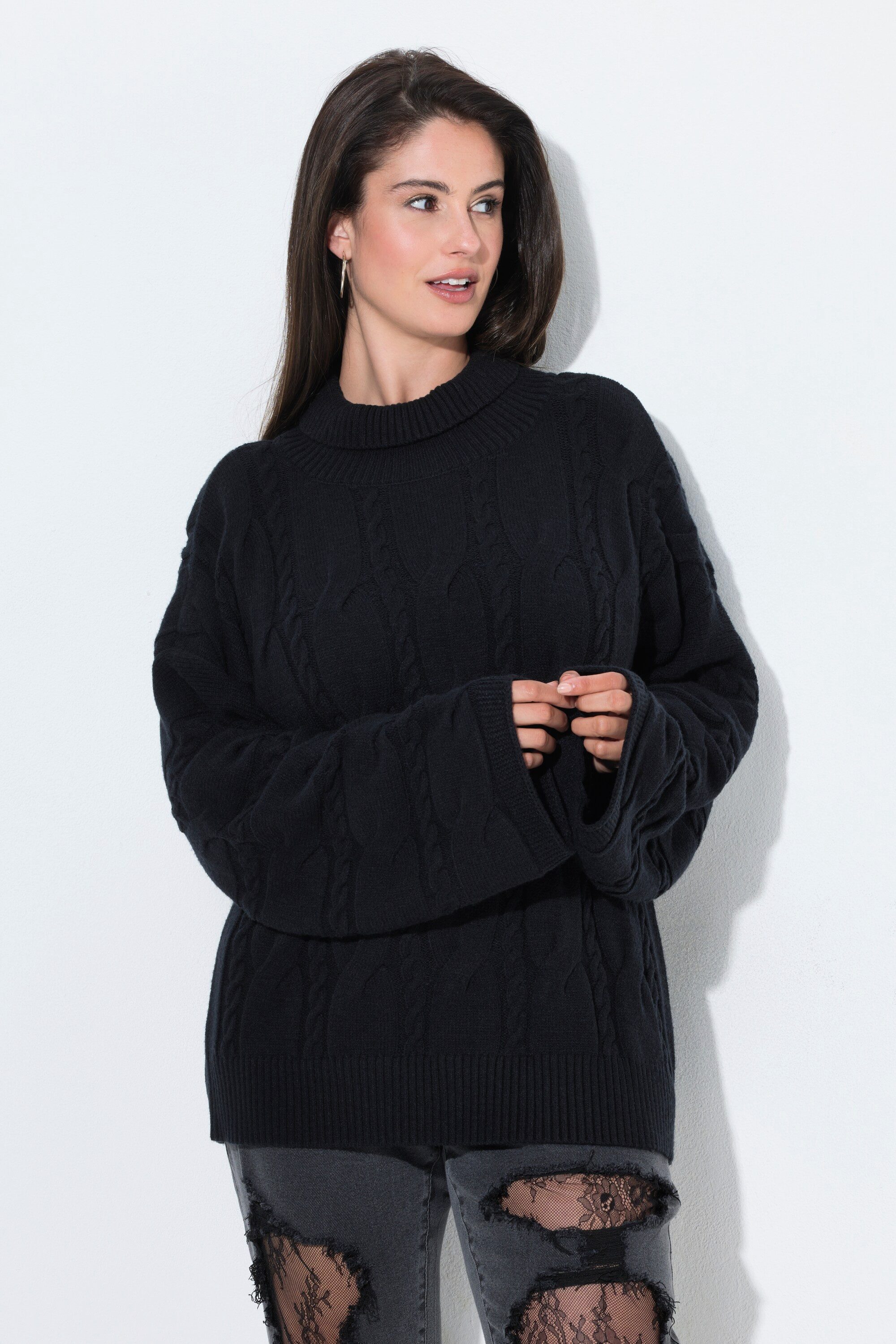 Ulla Popken Longpullover Pullover Zopfmuster Oversized Rollkragen Langarm