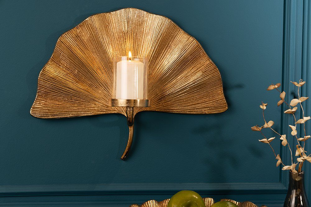 riess-ambiente Wandkerzenhalter GINKGO 44cm gold (Einzelartikel, 1 St), Wohnzimmer · Metall · Teelicht · Dekoration · handmade · Boho