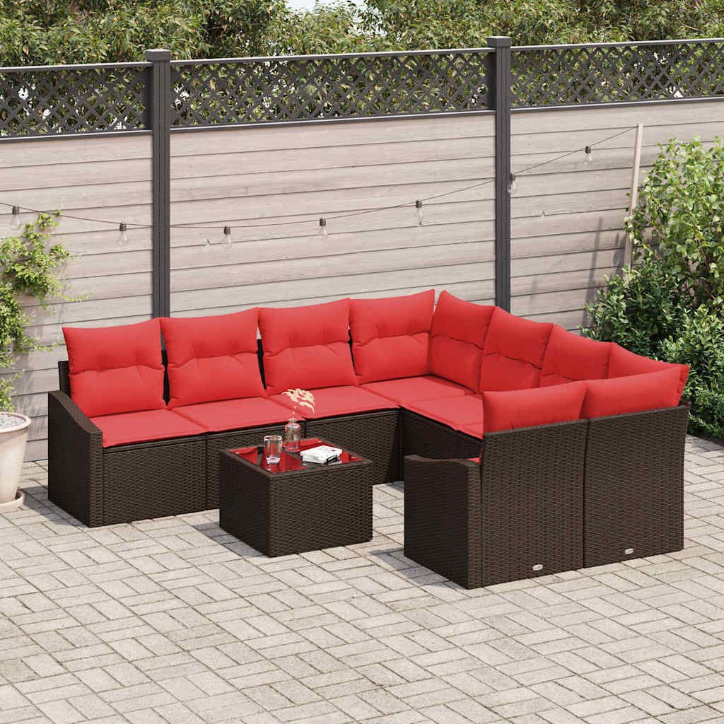vidaXL Loungesofa Sofa Set 9 stk. 3-Sitzanzahl Braun und Rot Poly Rattan, 9 Teile