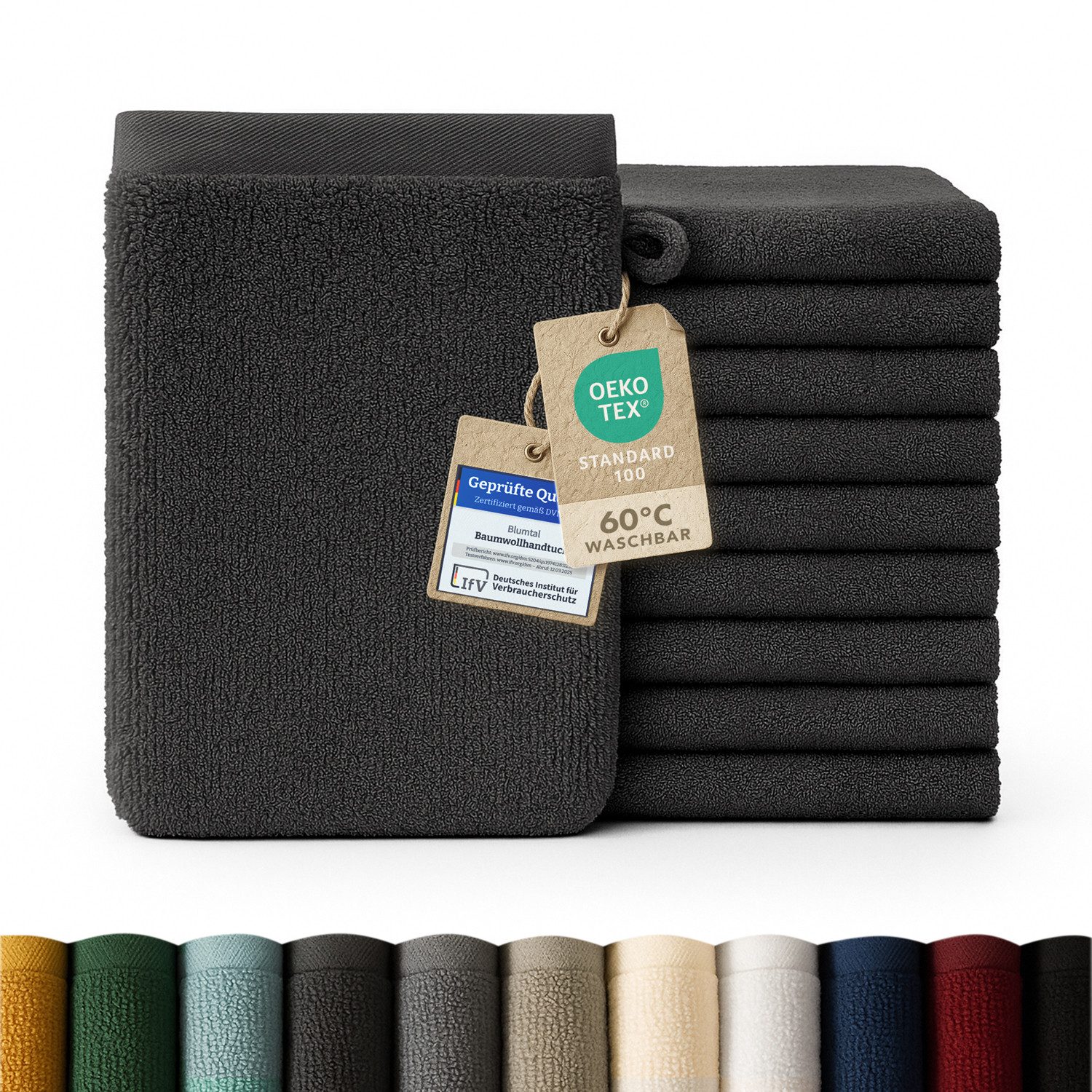 Blumtal Waschhandschuh 10er Set aus Frottee 15x20 cm - weich und saugstark, (Set), mit modischer Bordüre und praktischer Aufhängeschlaufe, 100% Baumwolle
