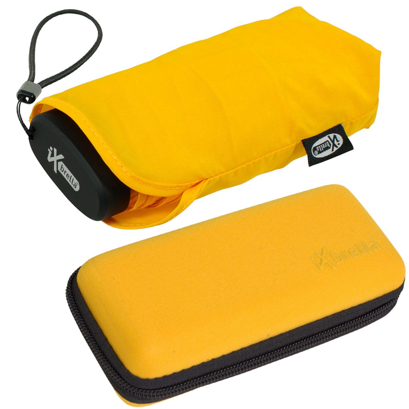 iX-brella Taschenregenschirm Ultra Mini 15 cm winziger Schirm im Handy Format, ultra-klein, mit Softcase-Etui, gold fusion yellow