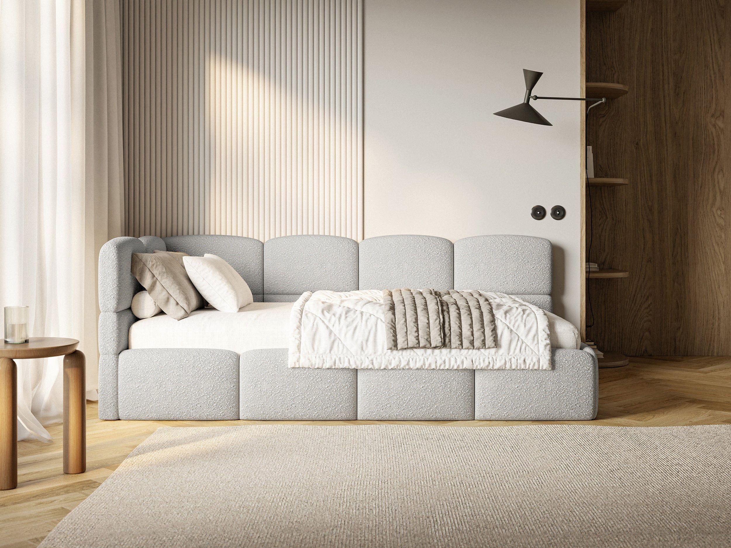 Selsey Jugendbett CLOUDY, Jugendbett mit Eck-Kopfteil, Matratze, Stauraum und Bouclé, 120x200 cm