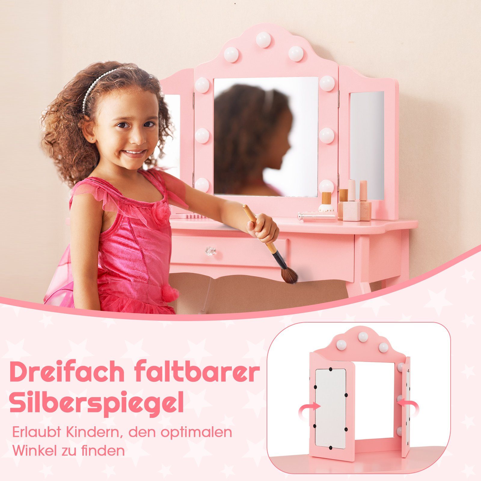 COSTWAY Schminktisch Kinder Schminktisch Set, einstellbare LED Beleuchtung