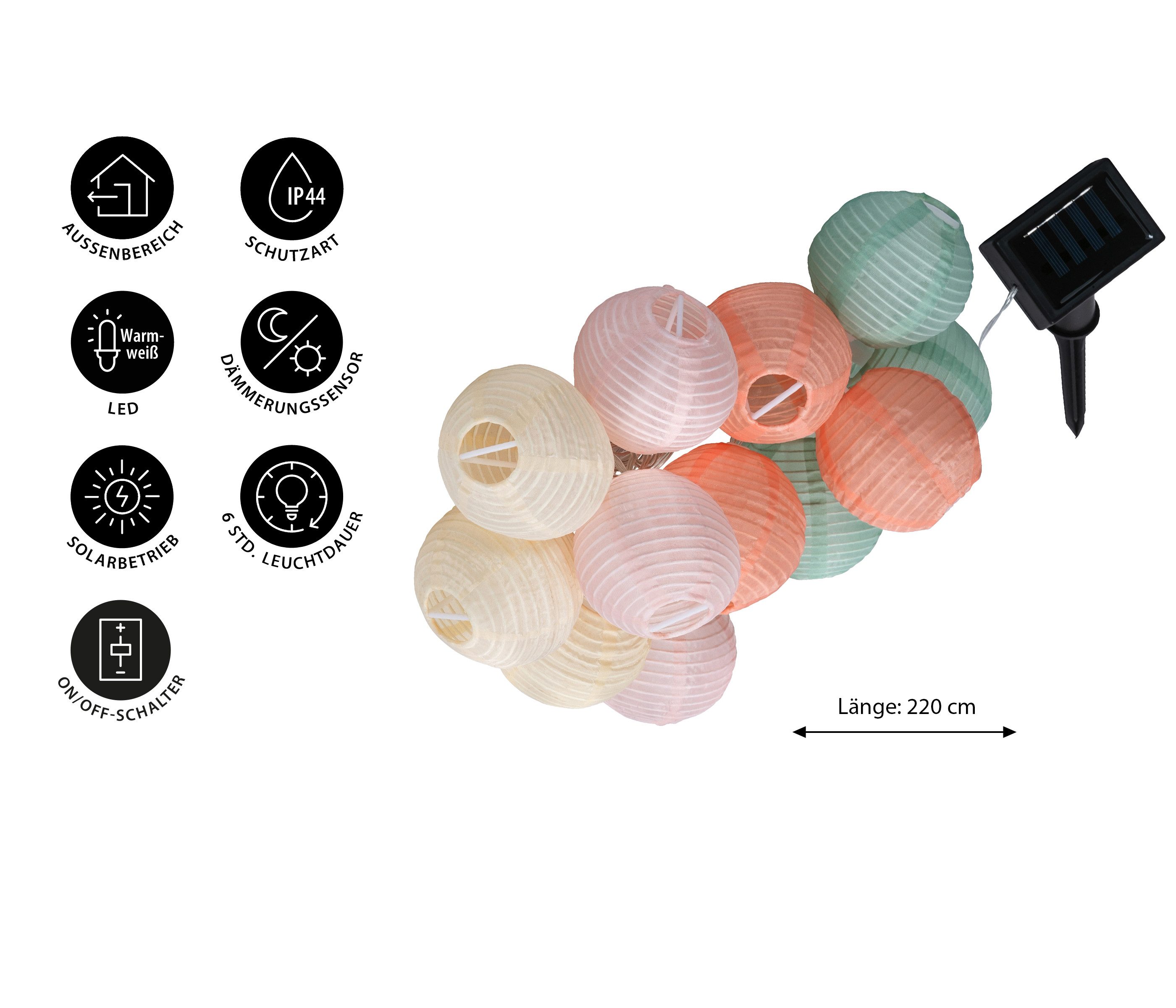 Dehner LED Solarleuchte Solar-Lichterkette Lampion mit 12 LED, 220 cm, bunt, Warmweiß, Schutzart IP44, Leuchtdauer 6 h