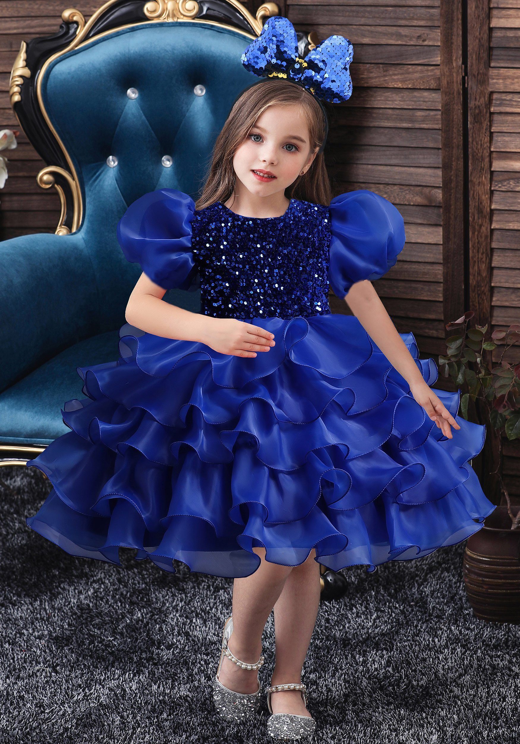 Daisred Abendkleid Mädchen Gestuftes Blumensmädchenkleid mit Haarband&Pailletten Blau
